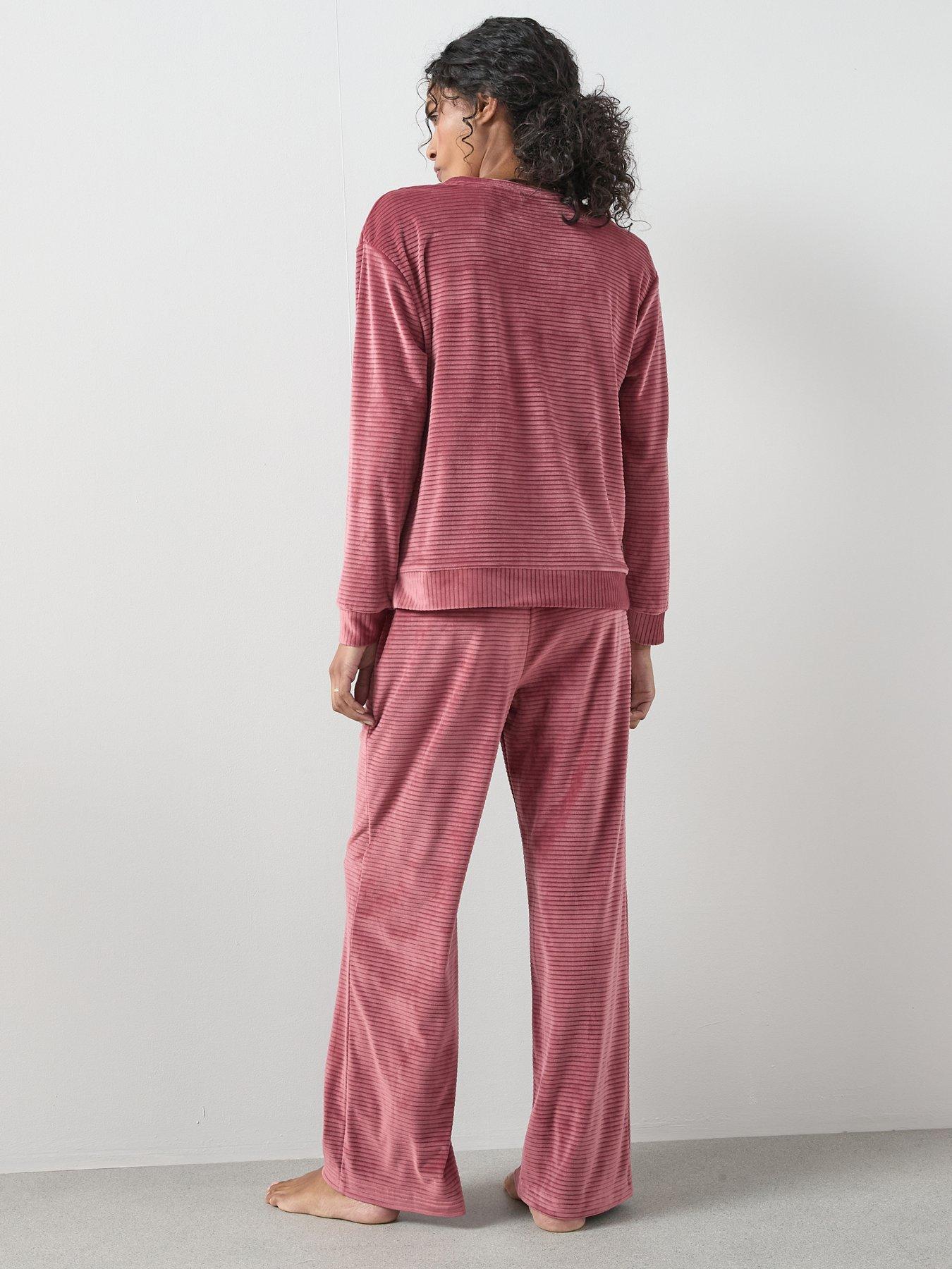  image of the-very-collection-velour-long-sleeve-striped-pyjama-set-pink