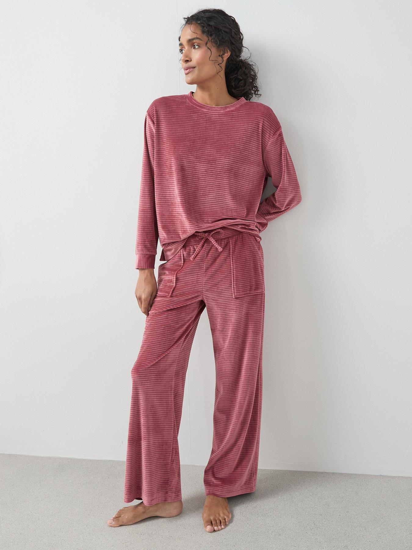  image of the-very-collection-velour-long-sleeve-striped-pyjama-set-pink