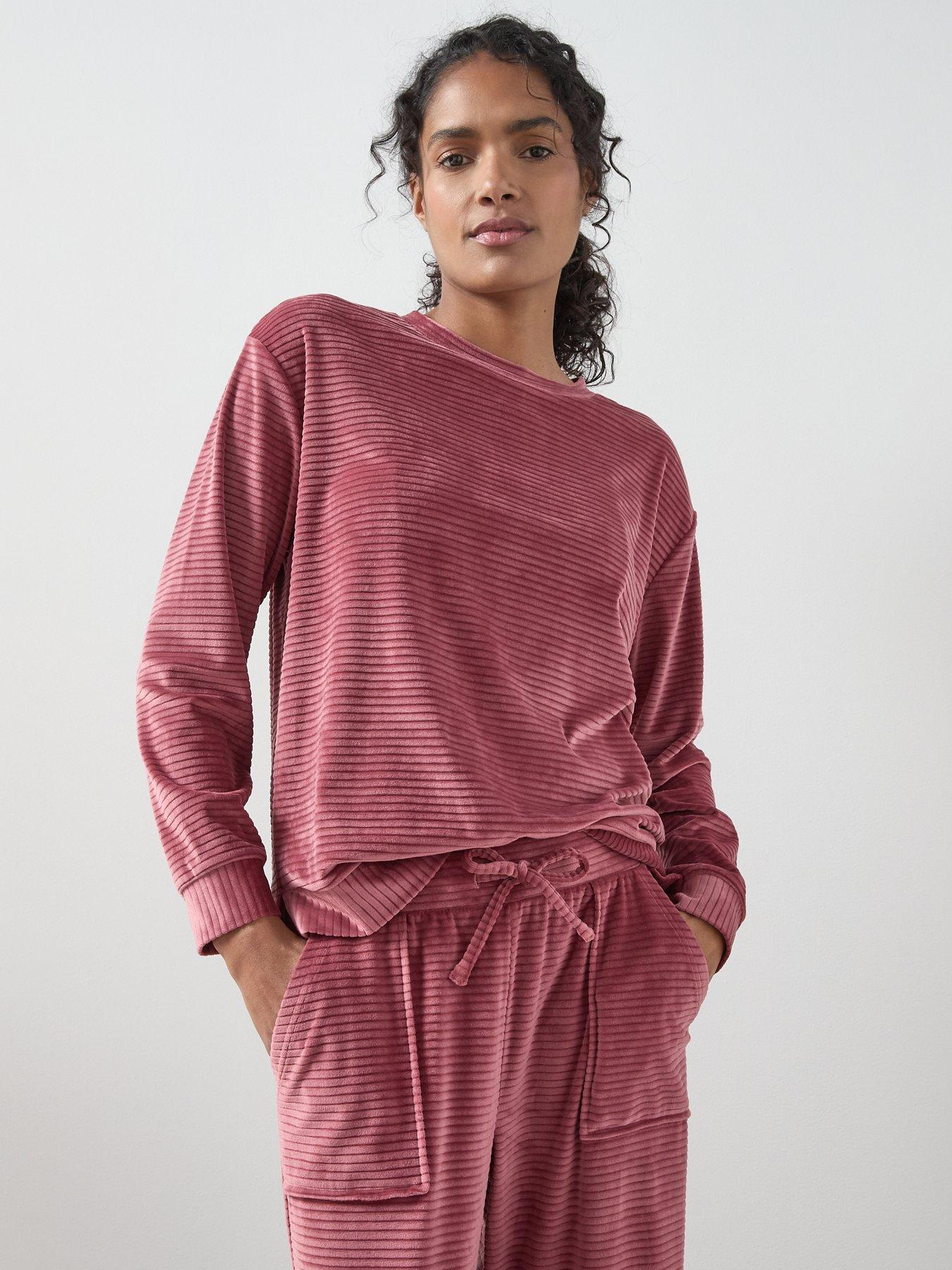  image of the-very-collection-velour-long-sleeve-striped-pyjama-set-pink