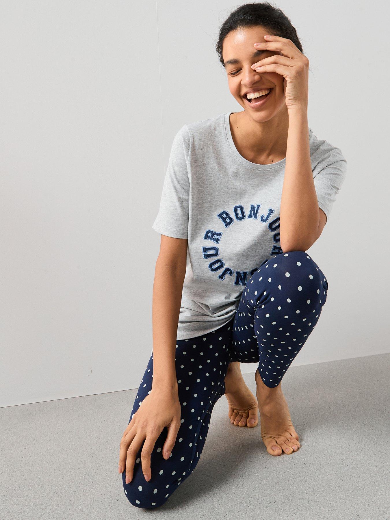 The Very Collection Short Sleeve Bonjour Legging Pj Set - Navy