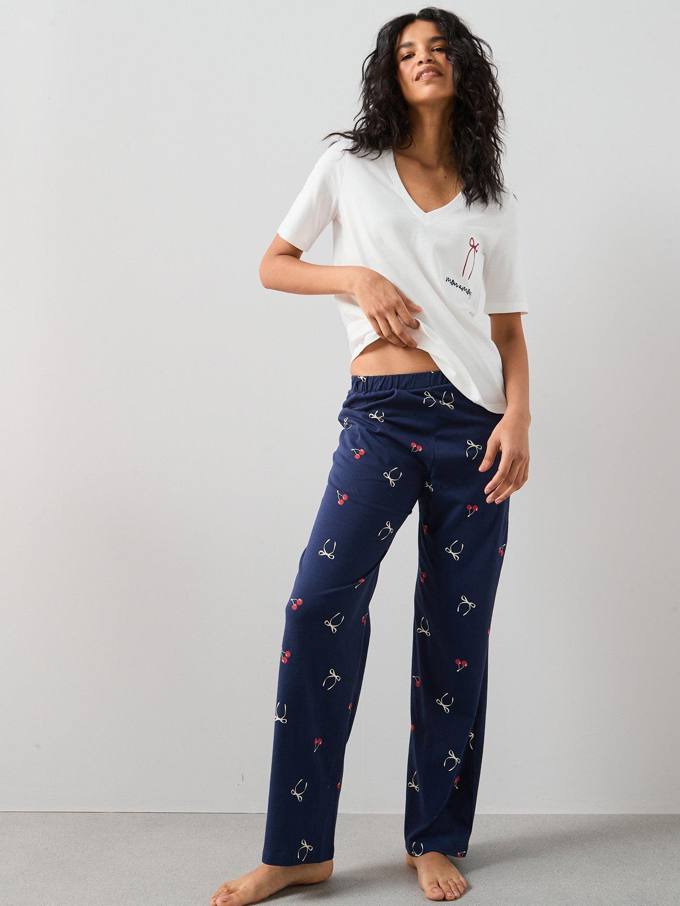 The Very Collection V Neck Tshirt Bow Wide Leg Pj Set - Navy