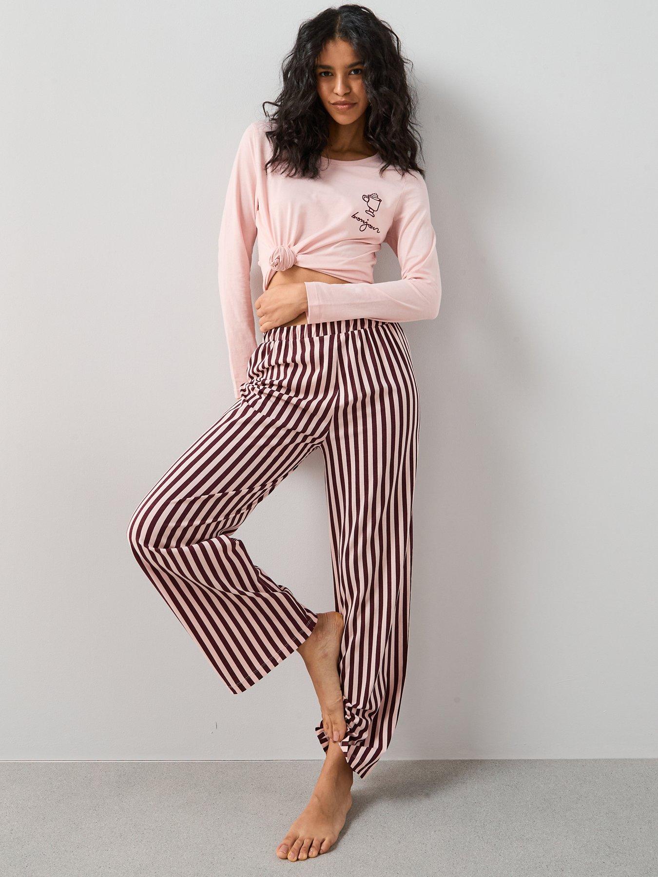 undefined Long Sleeve Coffee Cup Wide Leg Pj Set - Pink