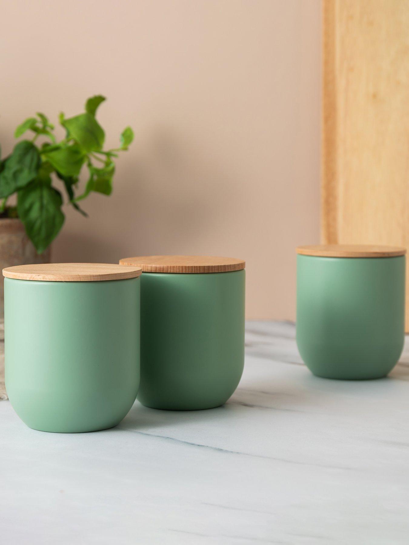 KitchenCraft Idilica Set of 3 Green Storage Jars with Beechwood Lids
