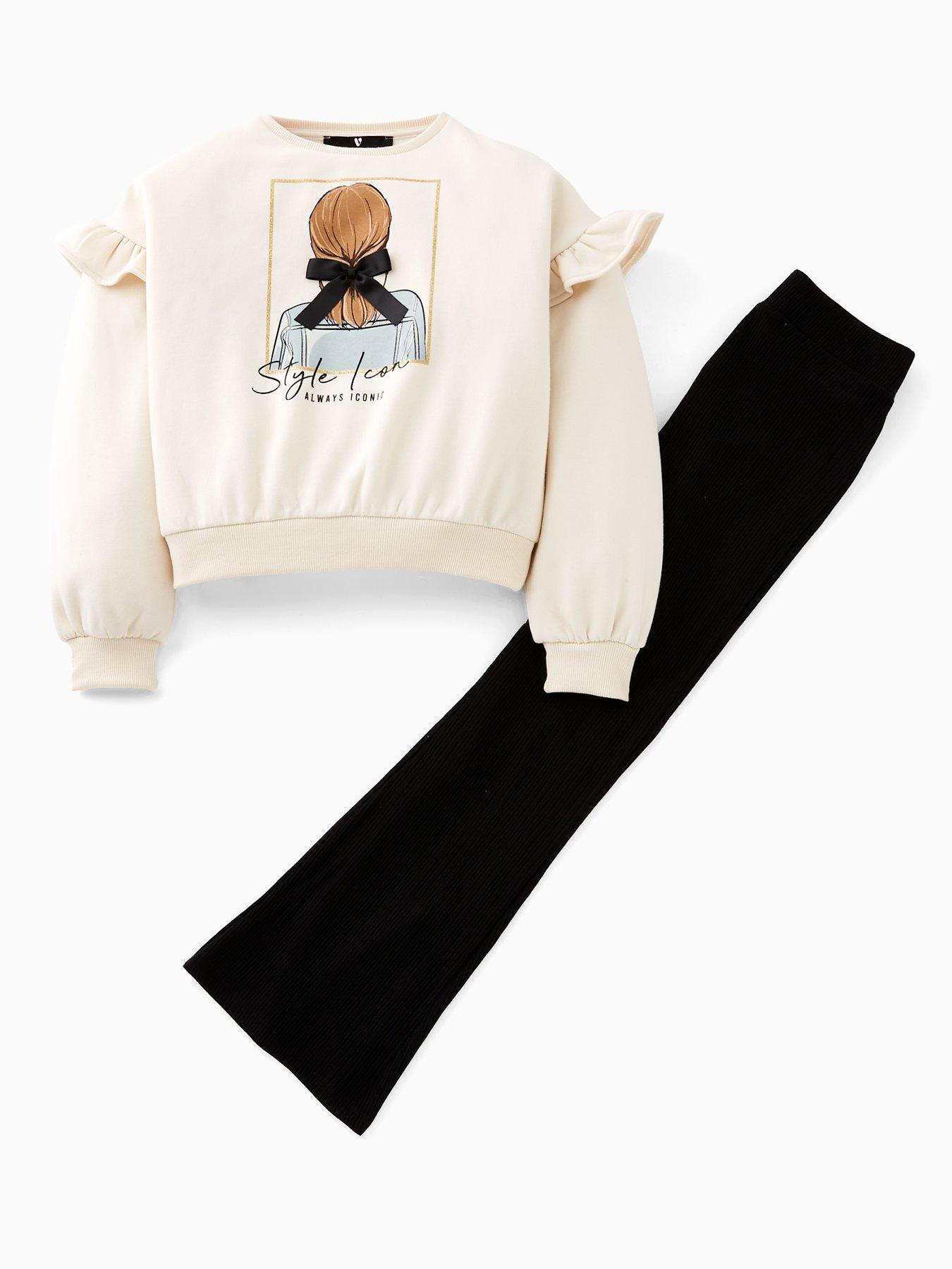 undefined Girls Sweat Applique Detail With Flare Leggings - Cream