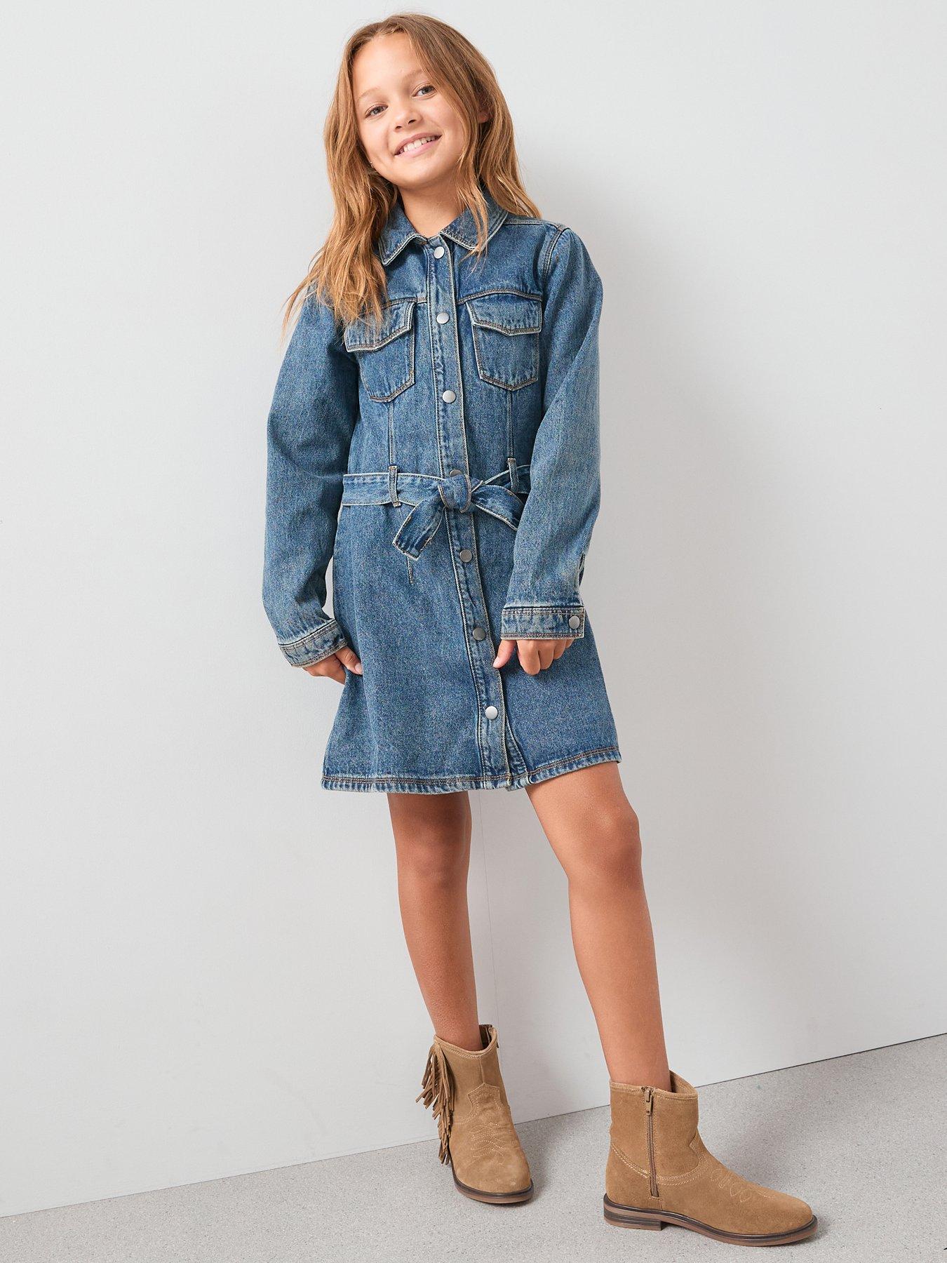 undefined Girls Tie Waist Denim Dress - Multi