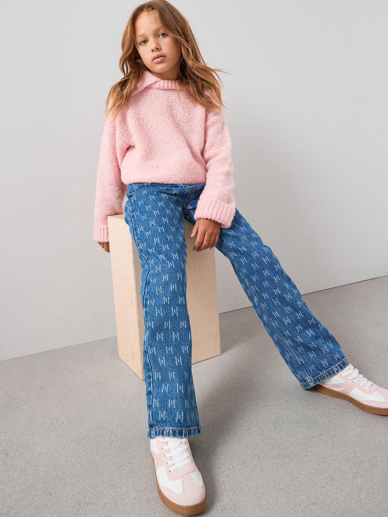 undefined Girls Distressed Wide Leg Jeans - Mid Wash