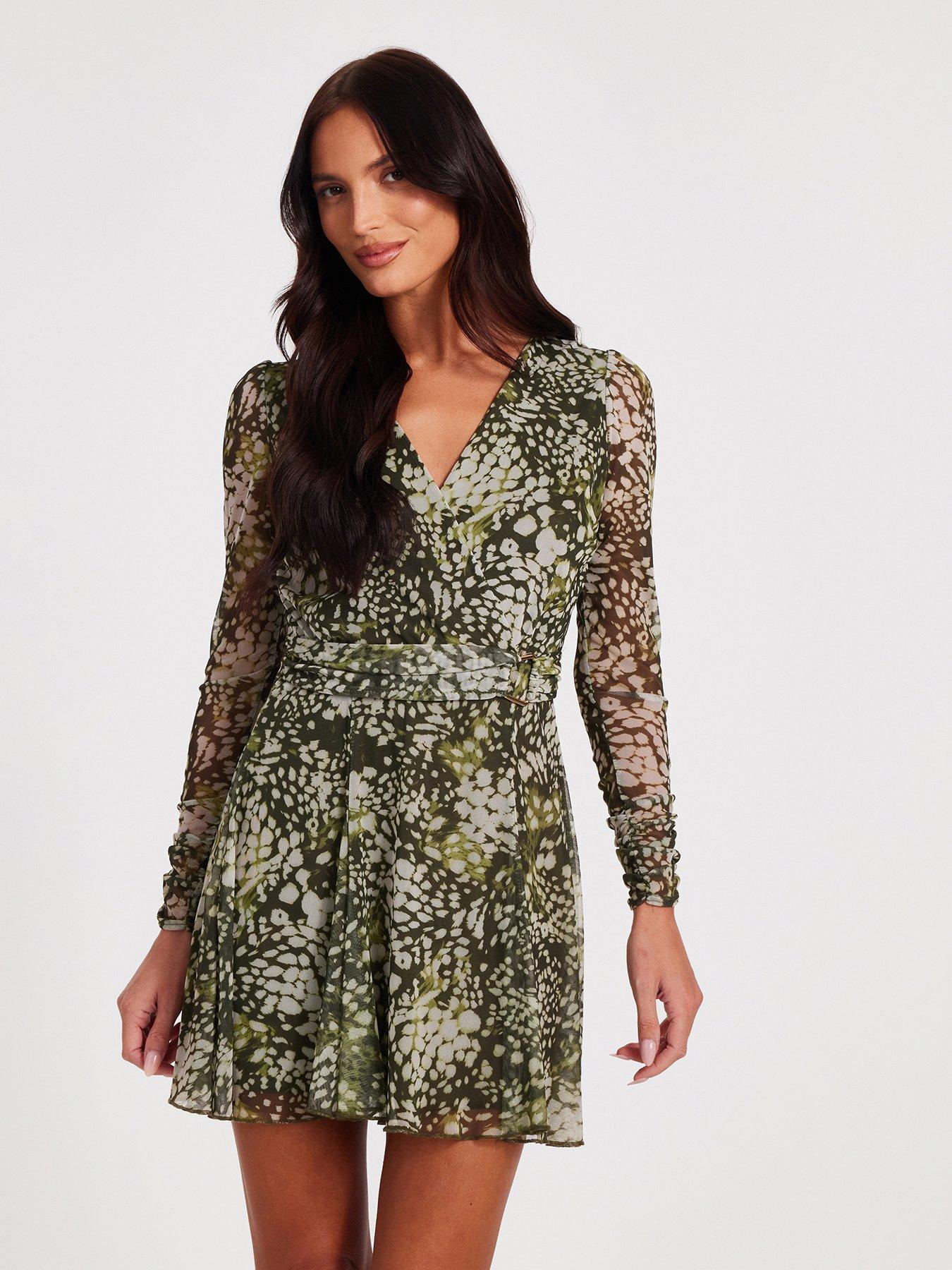 quiz-khaki-mesh-animal-print-mini-dress