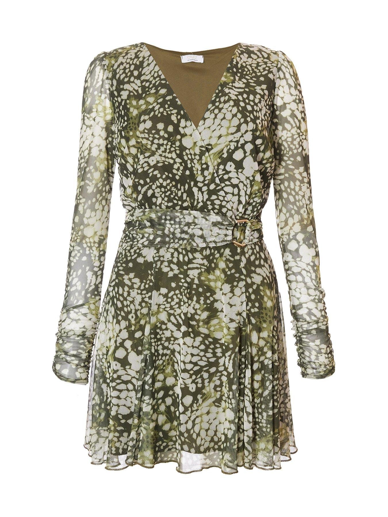  image of quiz-khaki-mesh-animal-print-mini-dress