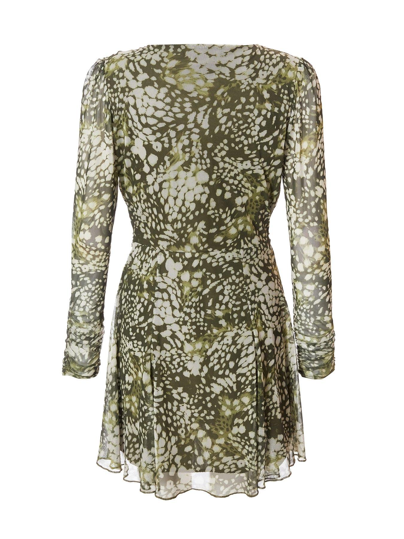  image of quiz-khaki-mesh-animal-print-mini-dress