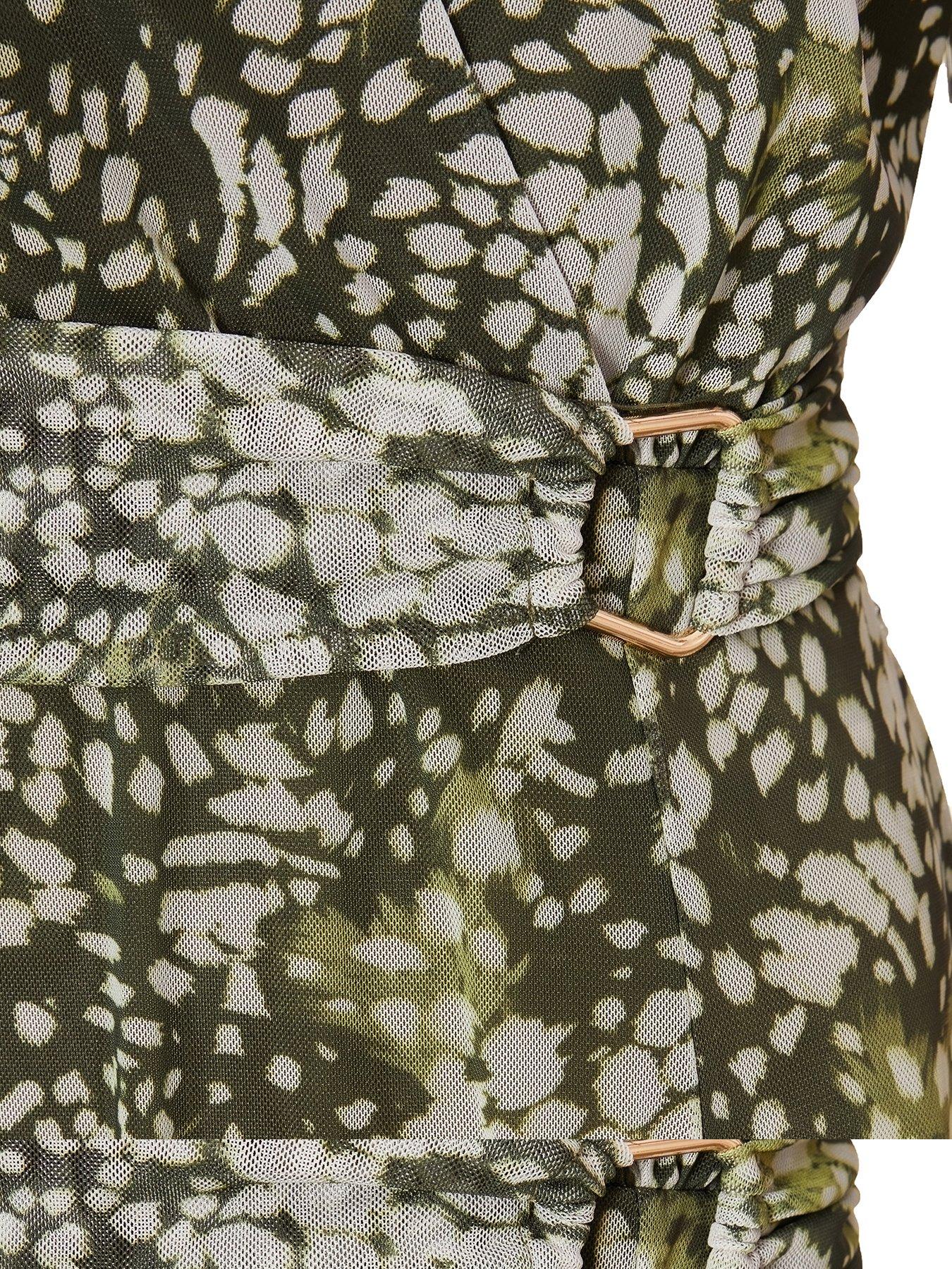  image of quiz-khaki-mesh-animal-print-mini-dress