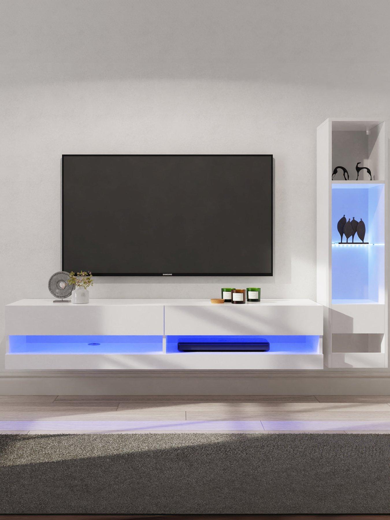 GFW Galicia 150 cm TV Unit + Shelf Unit with LED Lights - fits up to 65 inch TV - White