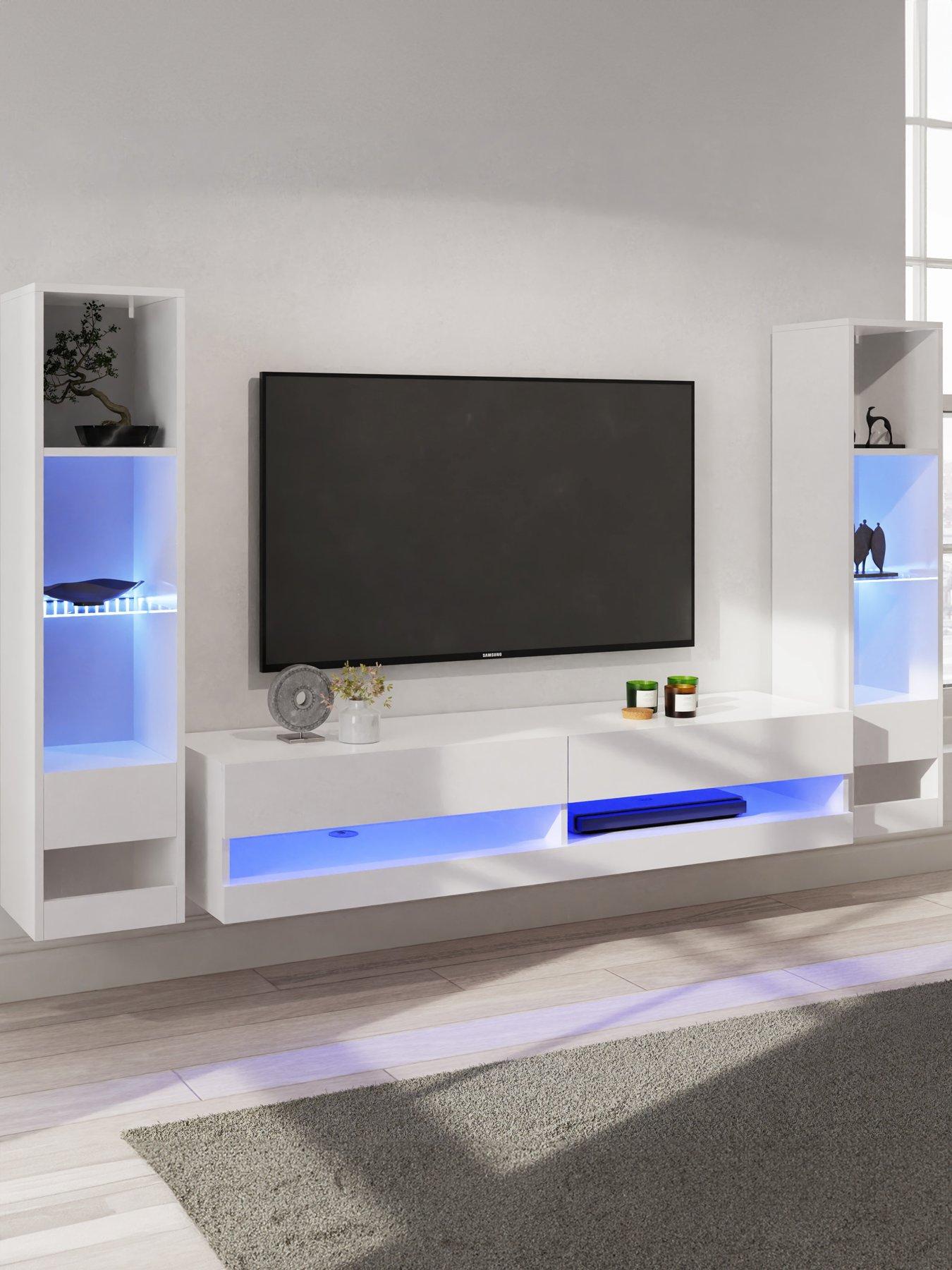 GFW Galicia 150 cm TV Unit + 2 Shelf Units with LED Lights - fits up to 65 inch TV - White