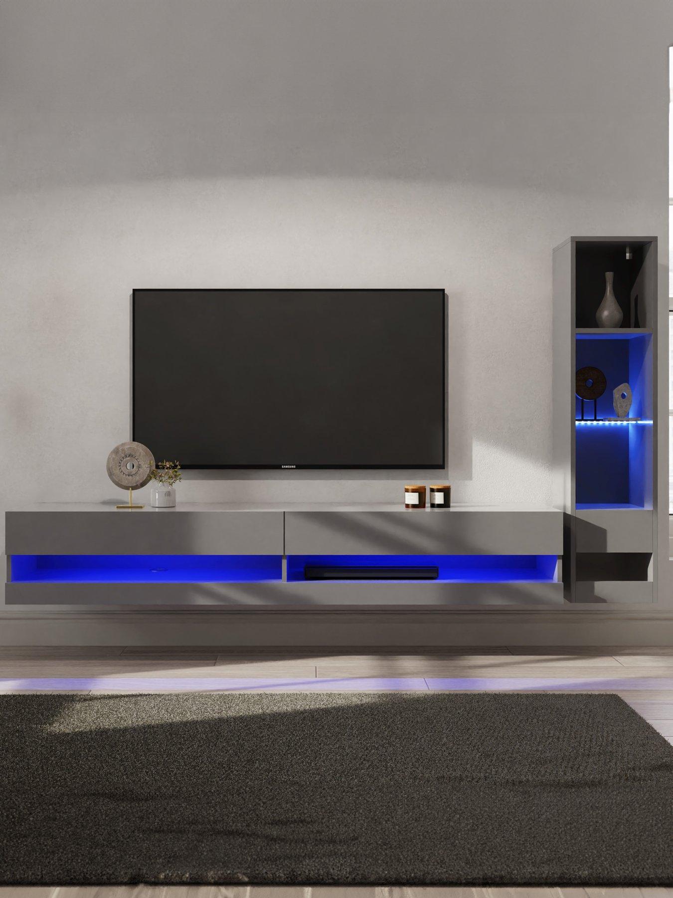 GFW Galicia 180 cm TV Unit + Shelf Unit with LED Lights - fits up to 80 inch TV - Grey