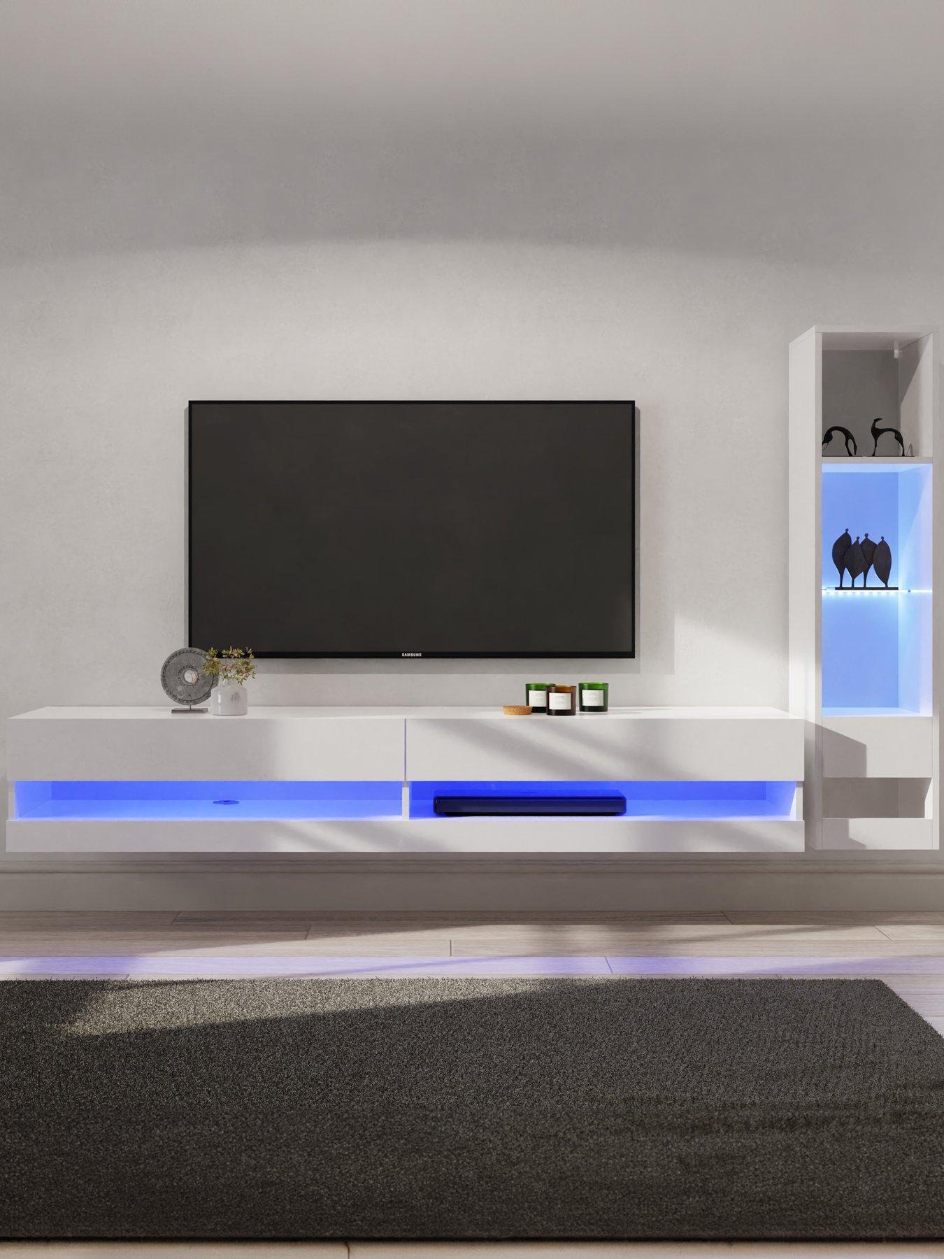 GFW Galicia 180 cm TV Unit + Shelf Unit with LED Lights - fits up to 80 inch TV - White