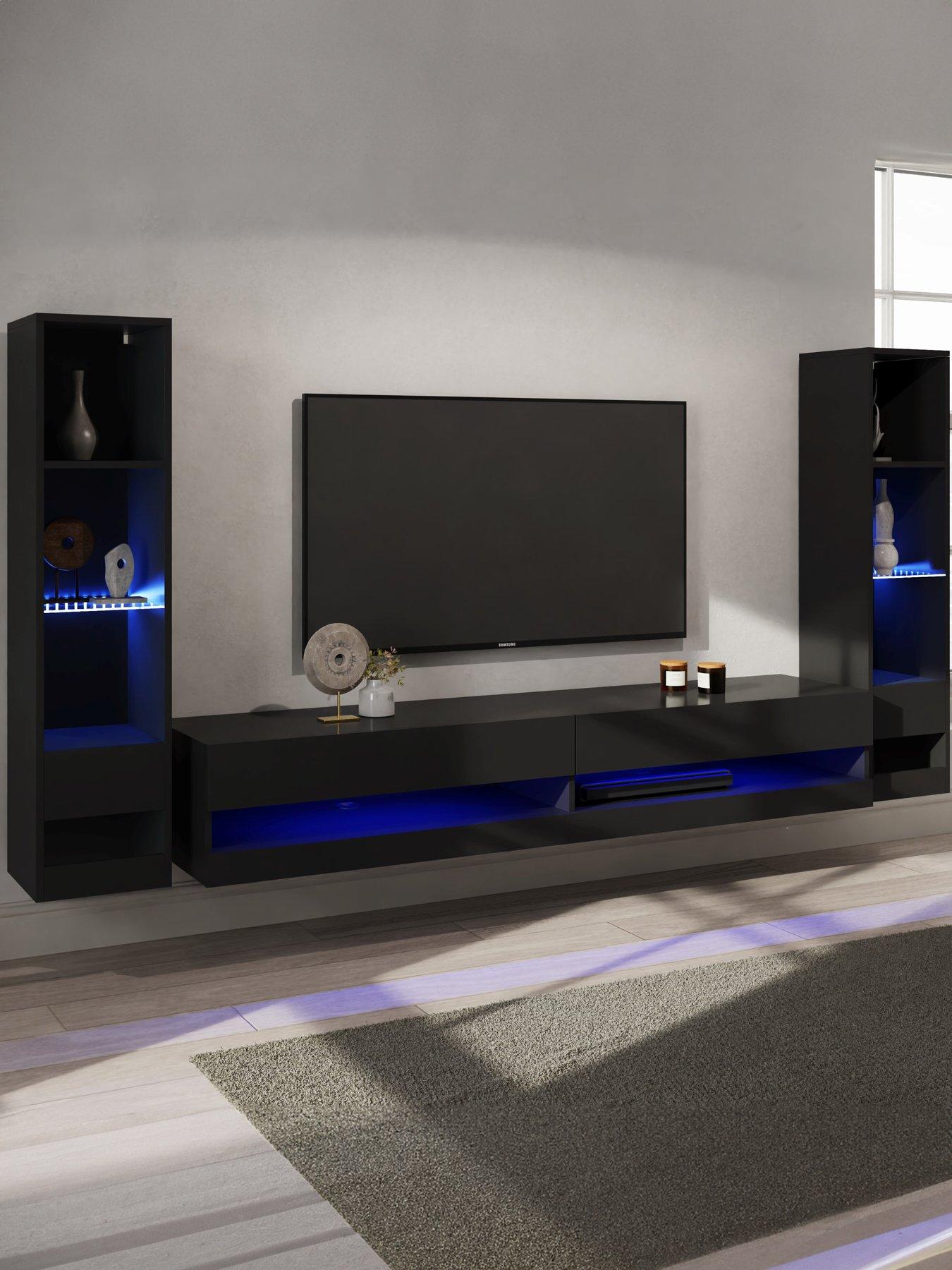 GFW Galicia 180 cm TV Unit + 2 Shelf Units - fits up to 80 inch TV - Black