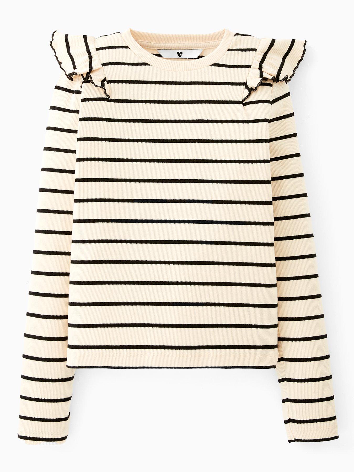 undefined Girls Rib Frill Should Contrast Tipping Long Sleeve Top - Stripe