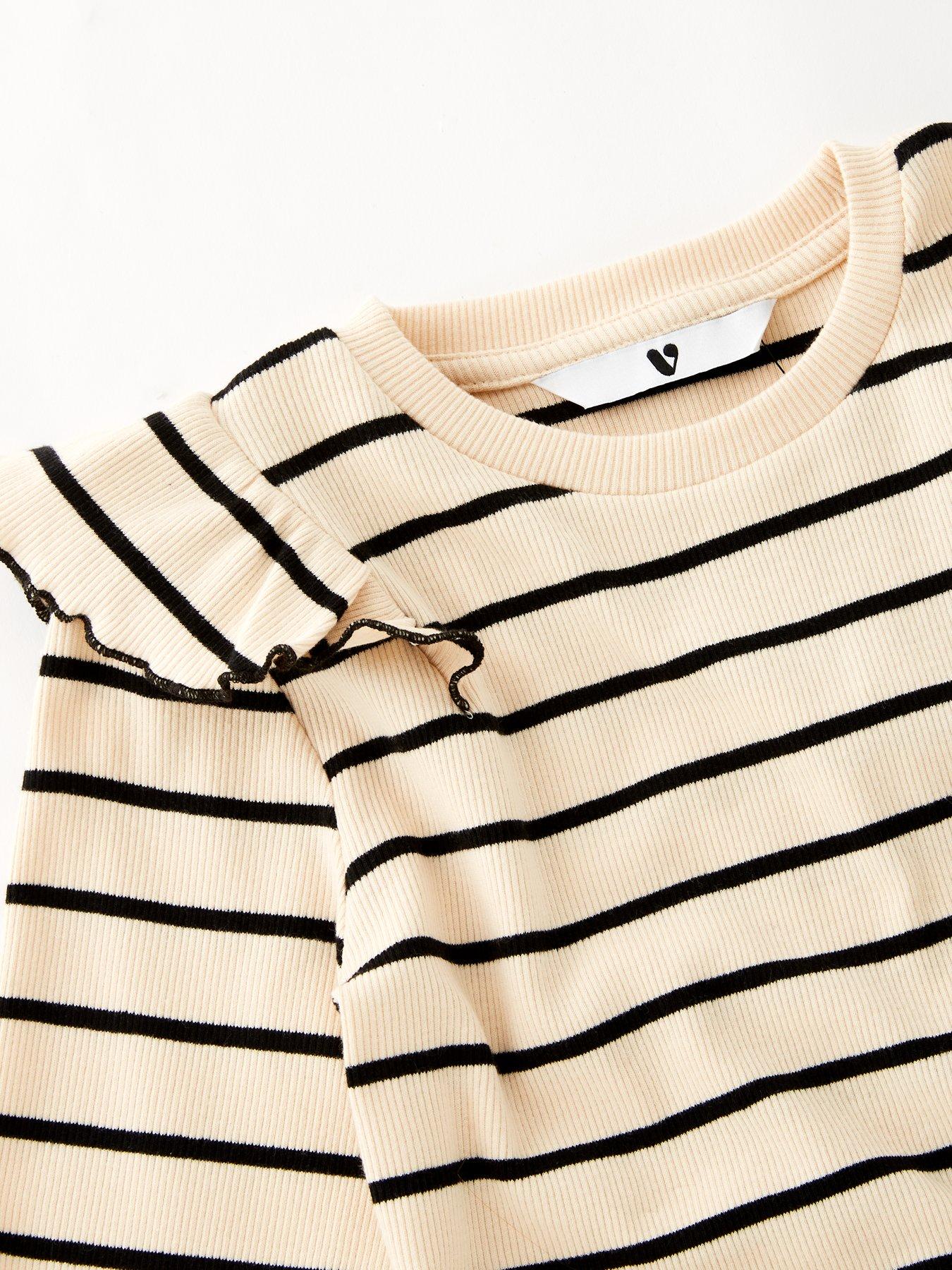 Image 3 of 4 of V by Very Girls Rib Frill Should Contrast Tipping Long Sleeve Top - Stripe