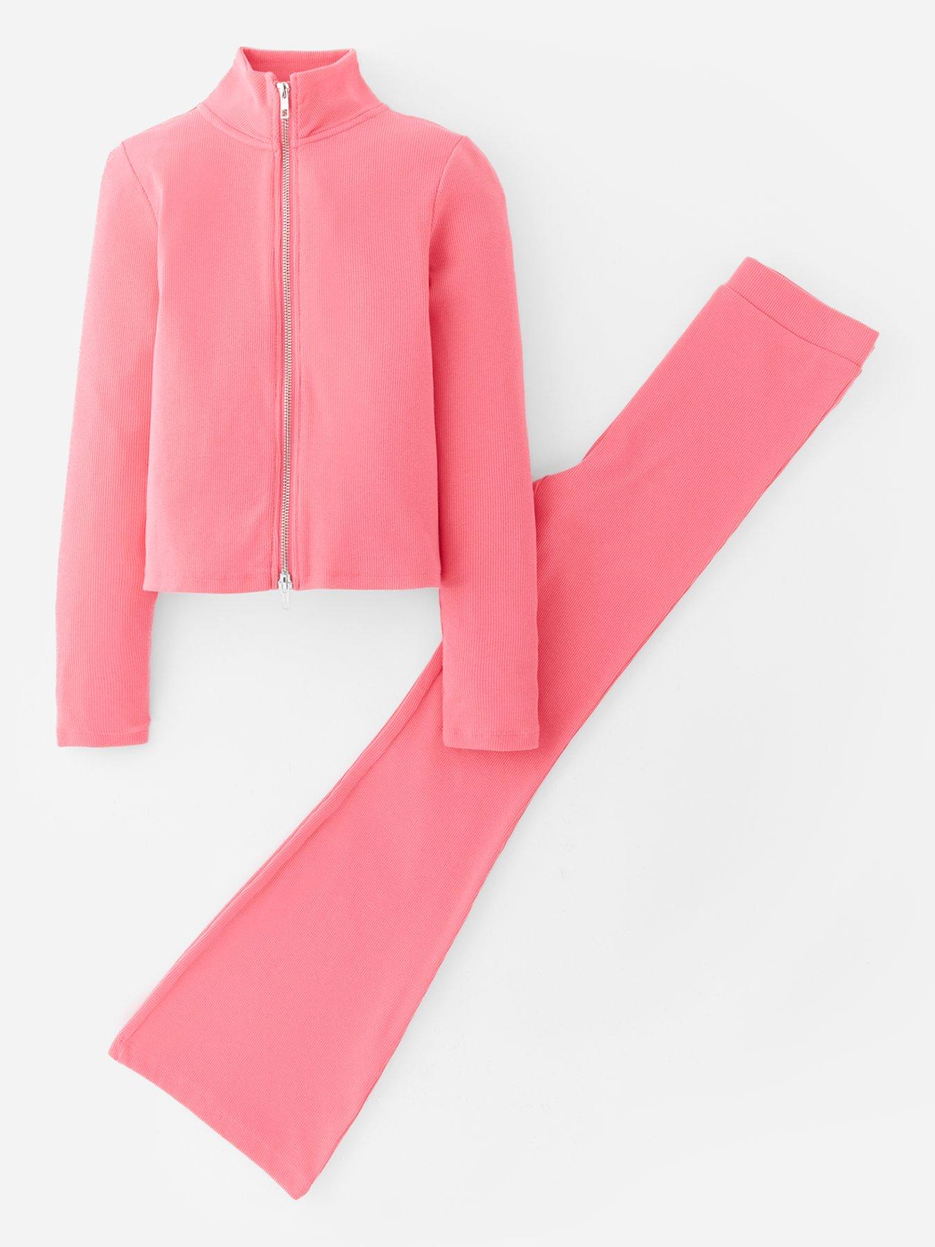 Image 1 of 4 of V by Very Girls Zip Up Rib Long Sleeve Top And Flare Leggings Set - Pink