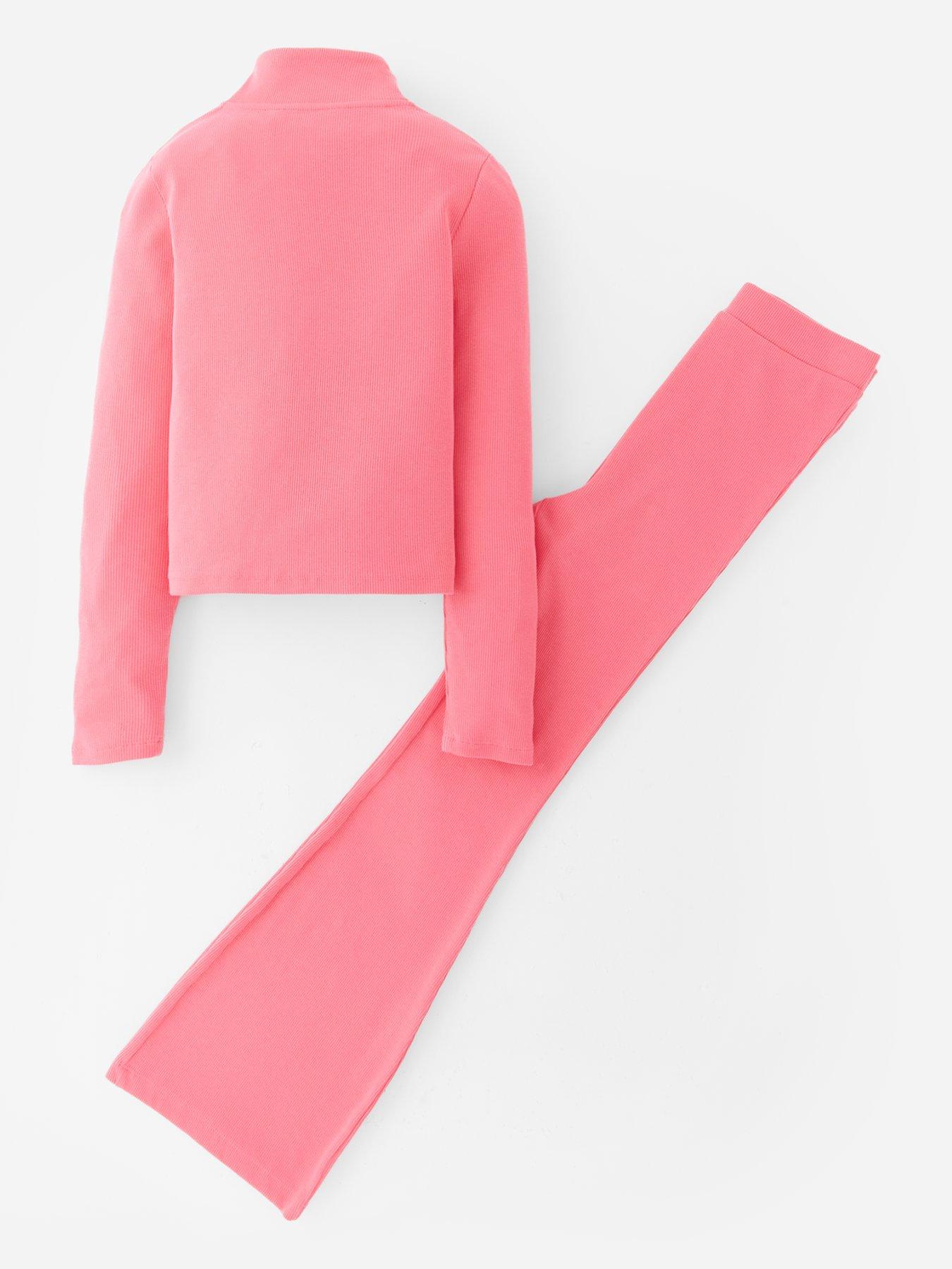 Image 2 of 4 of V by Very Girls Zip Up Rib Long Sleeve Top And Flare Leggings Set - Pink