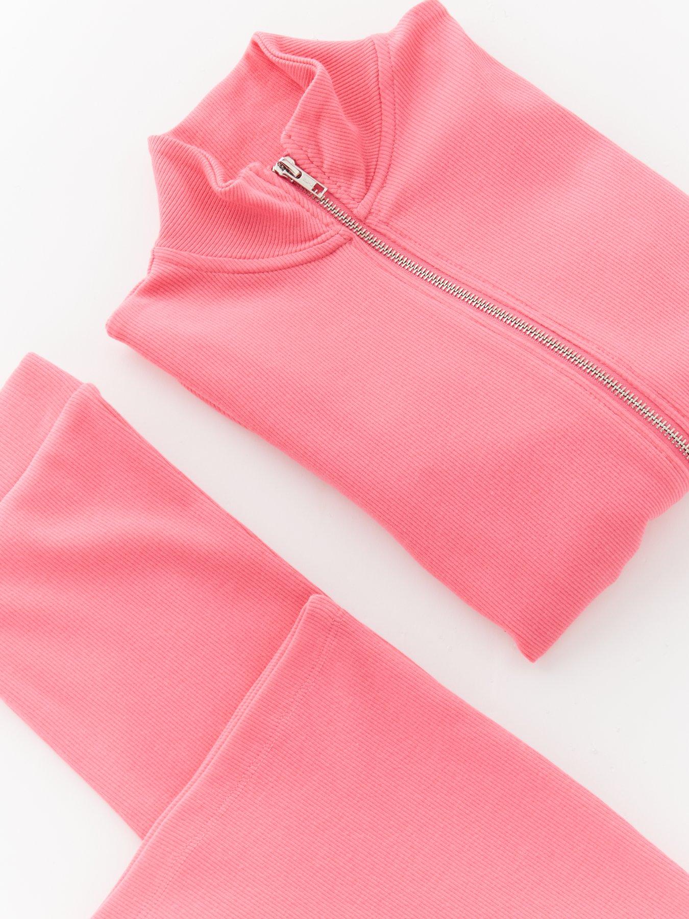 Image 3 of 4 of V by Very Girls Zip Up Rib Long Sleeve Top And Flare Leggings Set - Pink