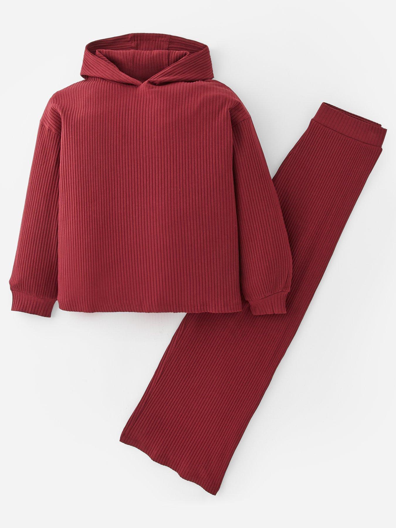 V by Very Girls Rib Hoody With Wide Leg Trouser Set - Burgundy