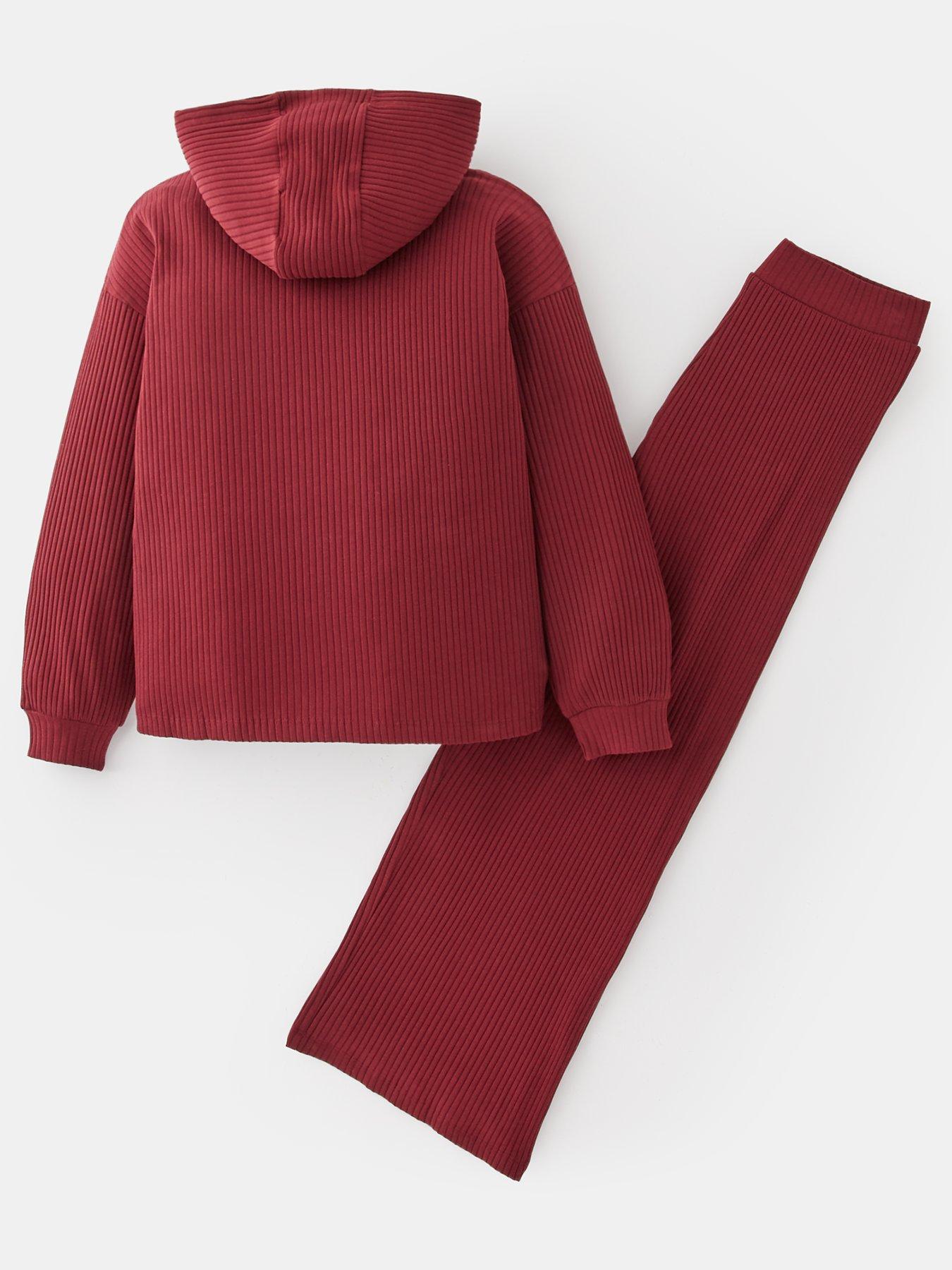 Image 2 of 4 of V by Very Girls Rib Hoody With Wide Leg Trouser Set - Burgundy