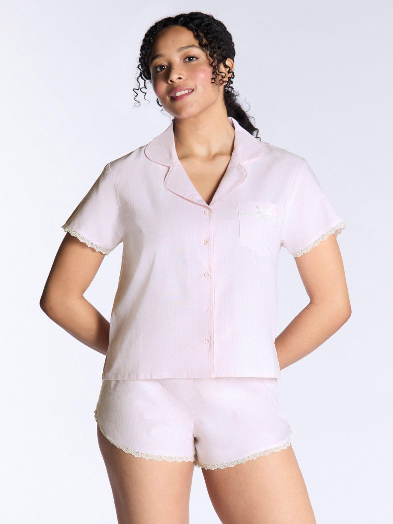 undefined Lace Trim Stripe Short Sleeve  &  Short Pyjama Set - Pink