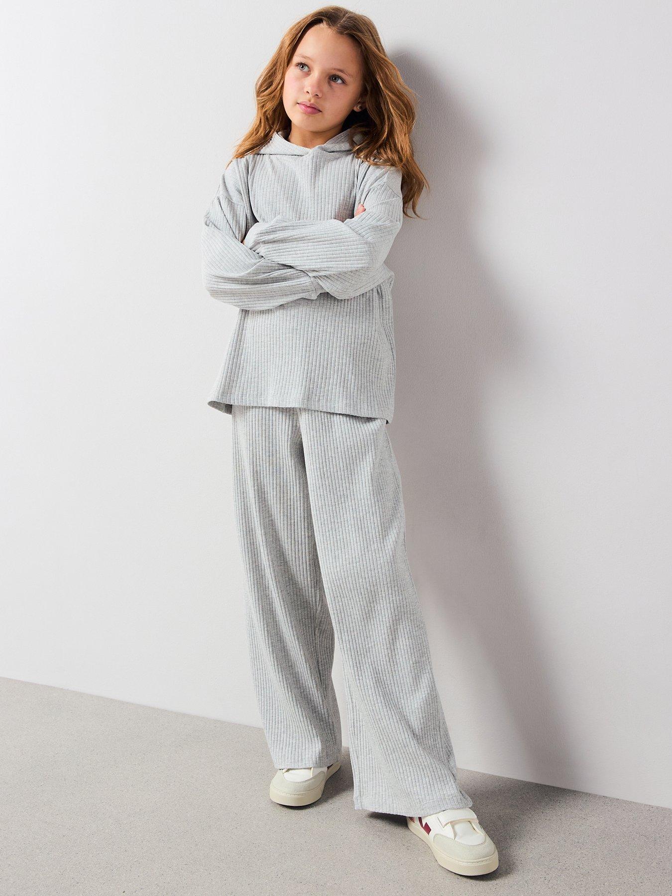 front image of v-by-very-girls-rib-hoody-with-wide-leg-trouser-set-grey