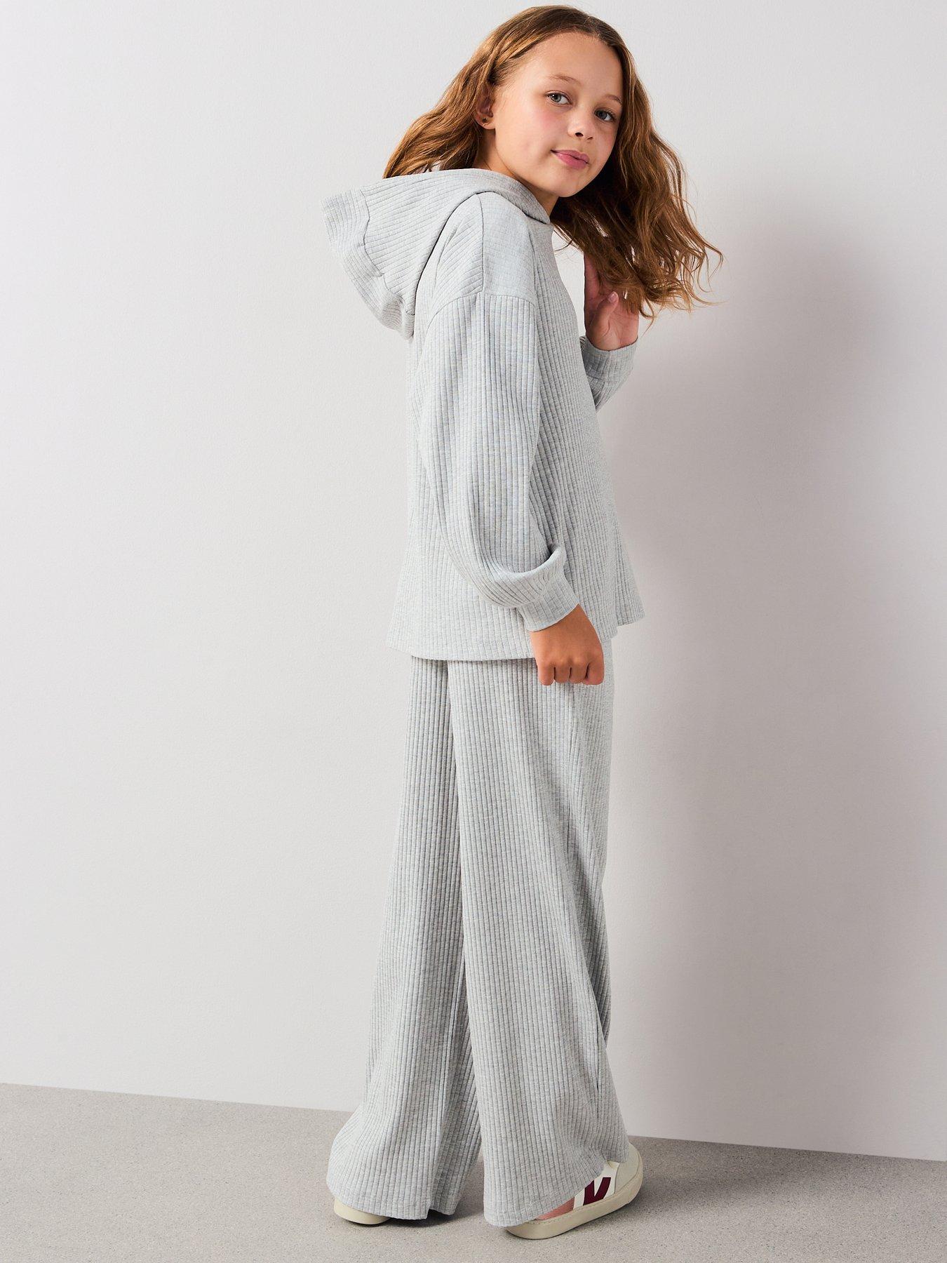  image of v-by-very-girls-rib-hoody-with-wide-leg-trouser-set-grey