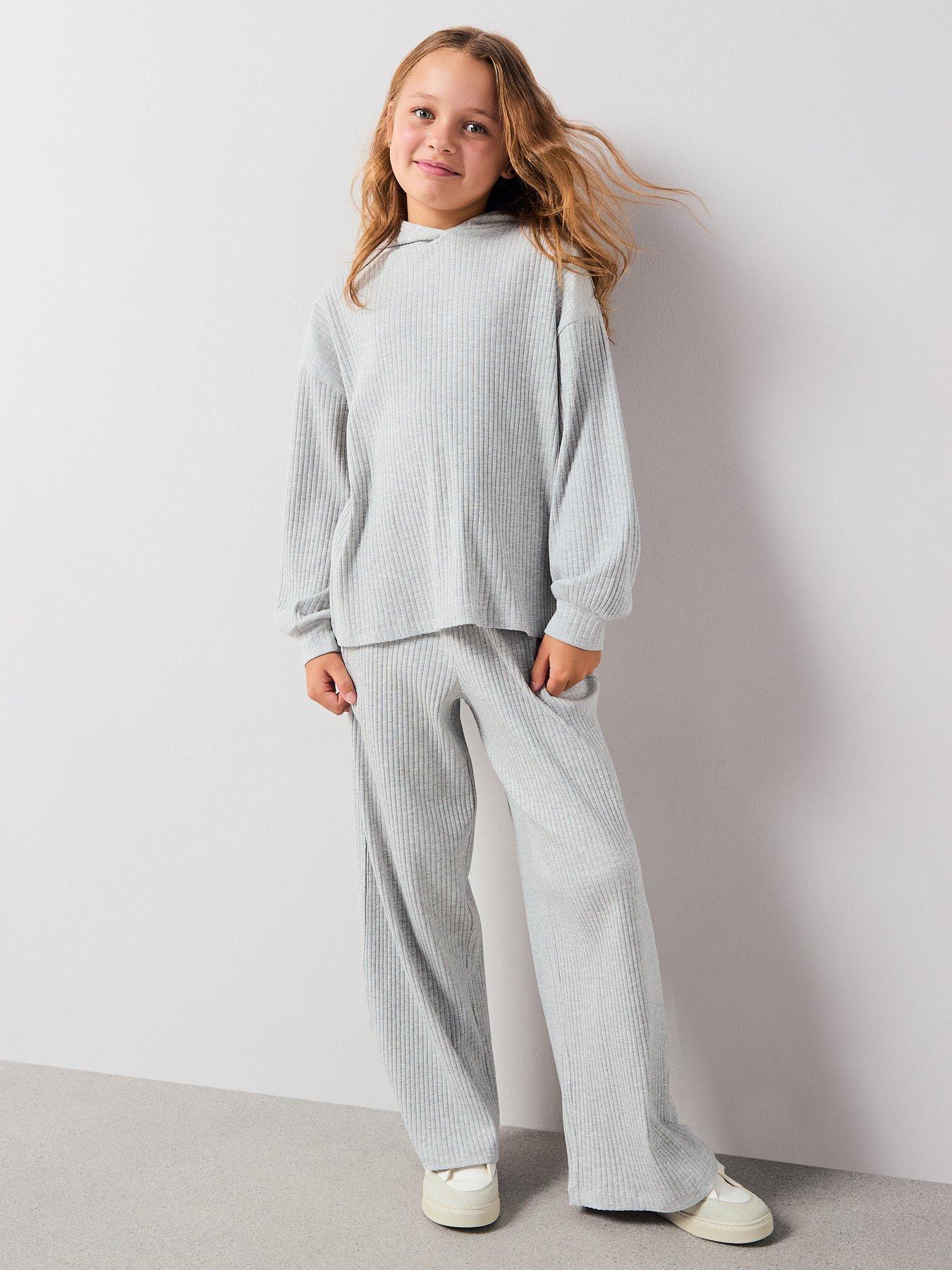  image of v-by-very-girls-rib-hoody-with-wide-leg-trouser-set-grey