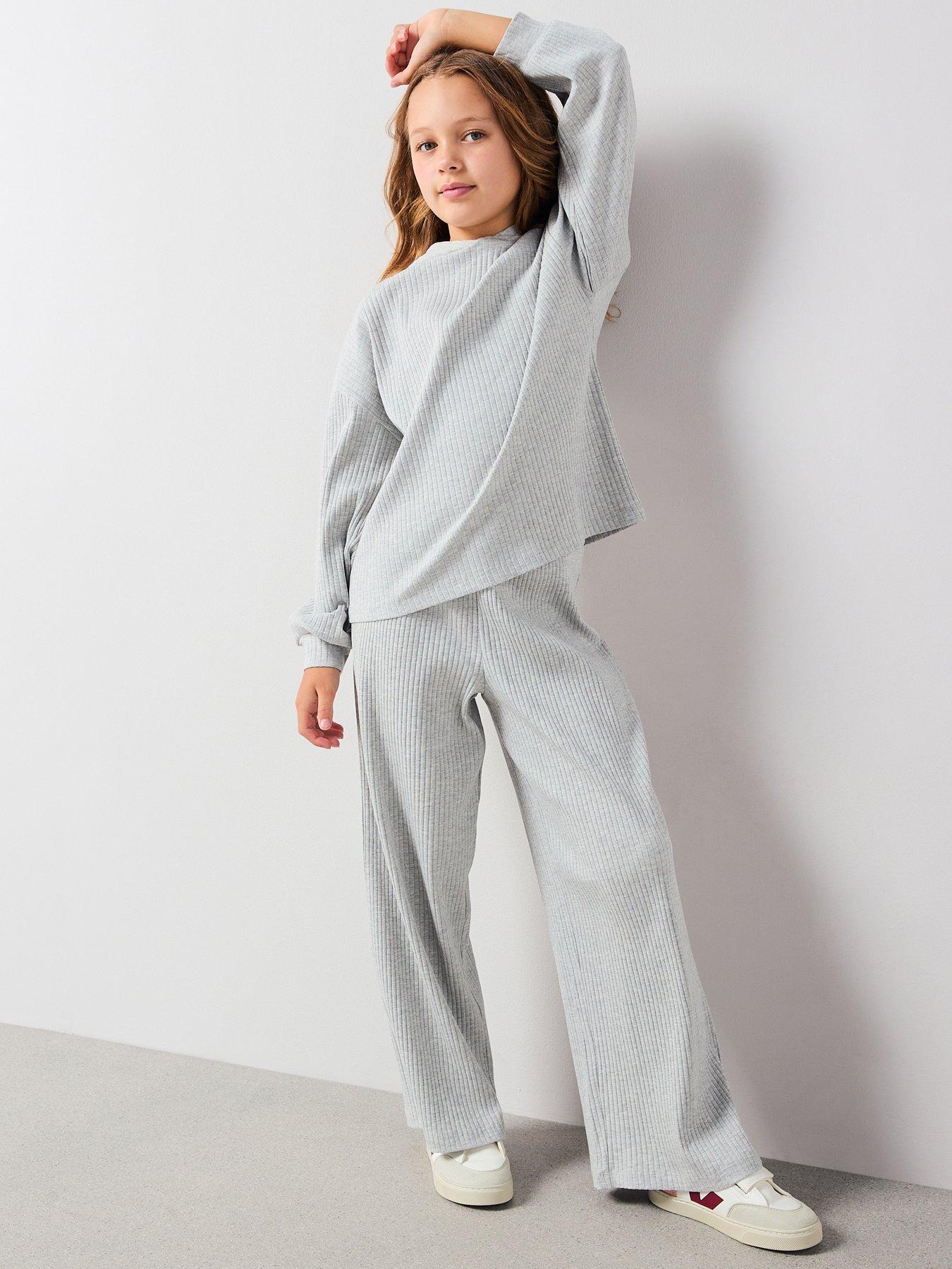  image of v-by-very-girls-rib-hoody-with-wide-leg-trouser-set-grey