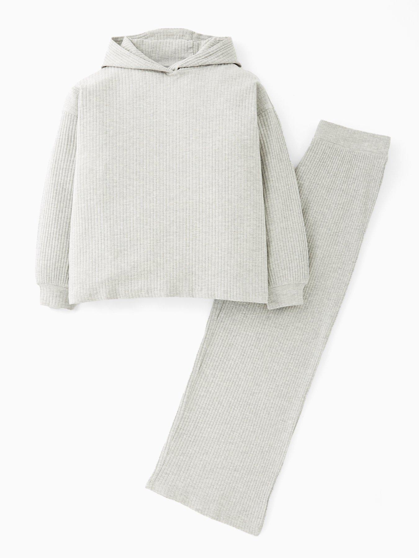  image of v-by-very-girls-rib-hoody-with-wide-leg-trouser-set-grey