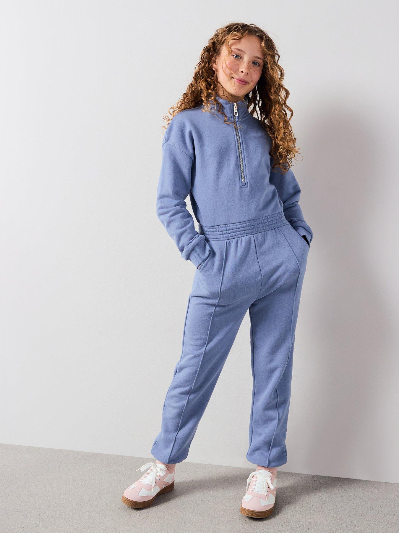 front image of v-by-very-girls-jersey-long-sleeve-elasticated-waist-jumpsuit-blue