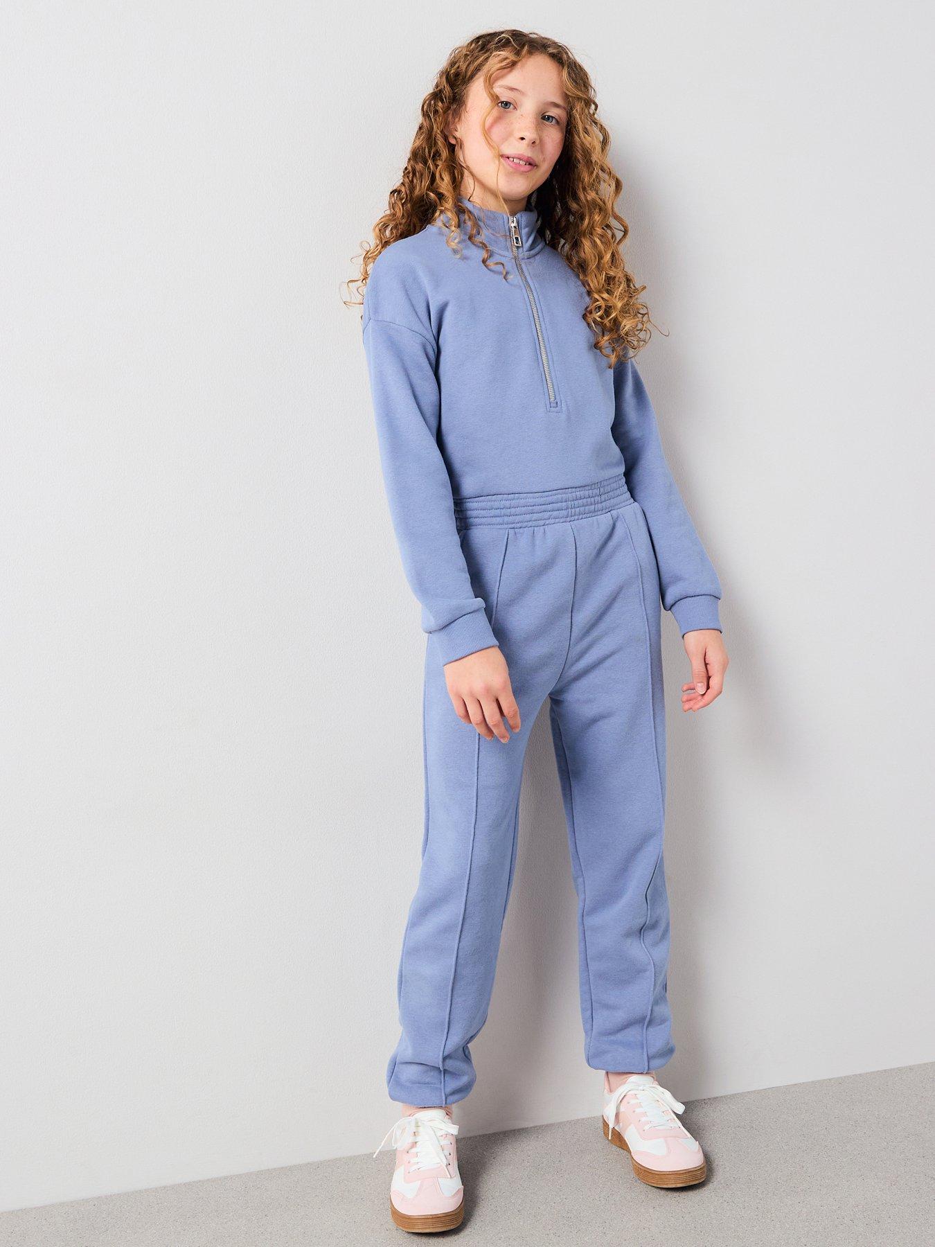 stillFront image of v-by-very-girls-jersey-long-sleeve-elasticated-waist-jumpsuit-blue