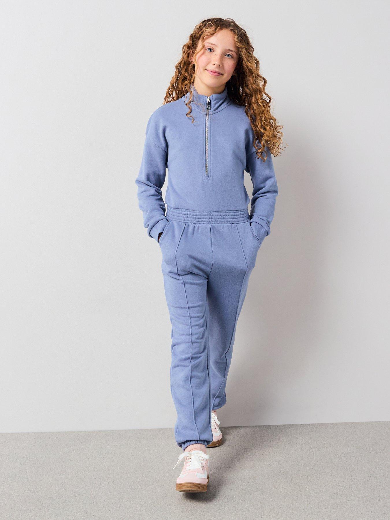  image of v-by-very-girls-jersey-long-sleeve-elasticated-waist-jumpsuit-blue