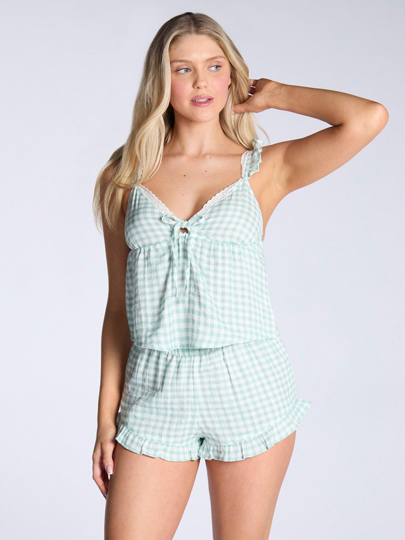 undefined Gingham Crinkle Cami Pyjama Set - Green