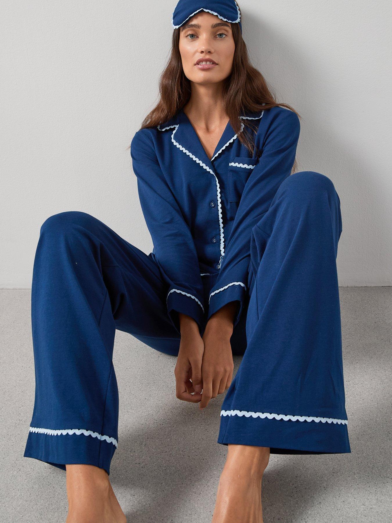 Image 6 of 6 of The Very Collection Lace Trim Revere PJ Set with Matching Eyemask - Blue