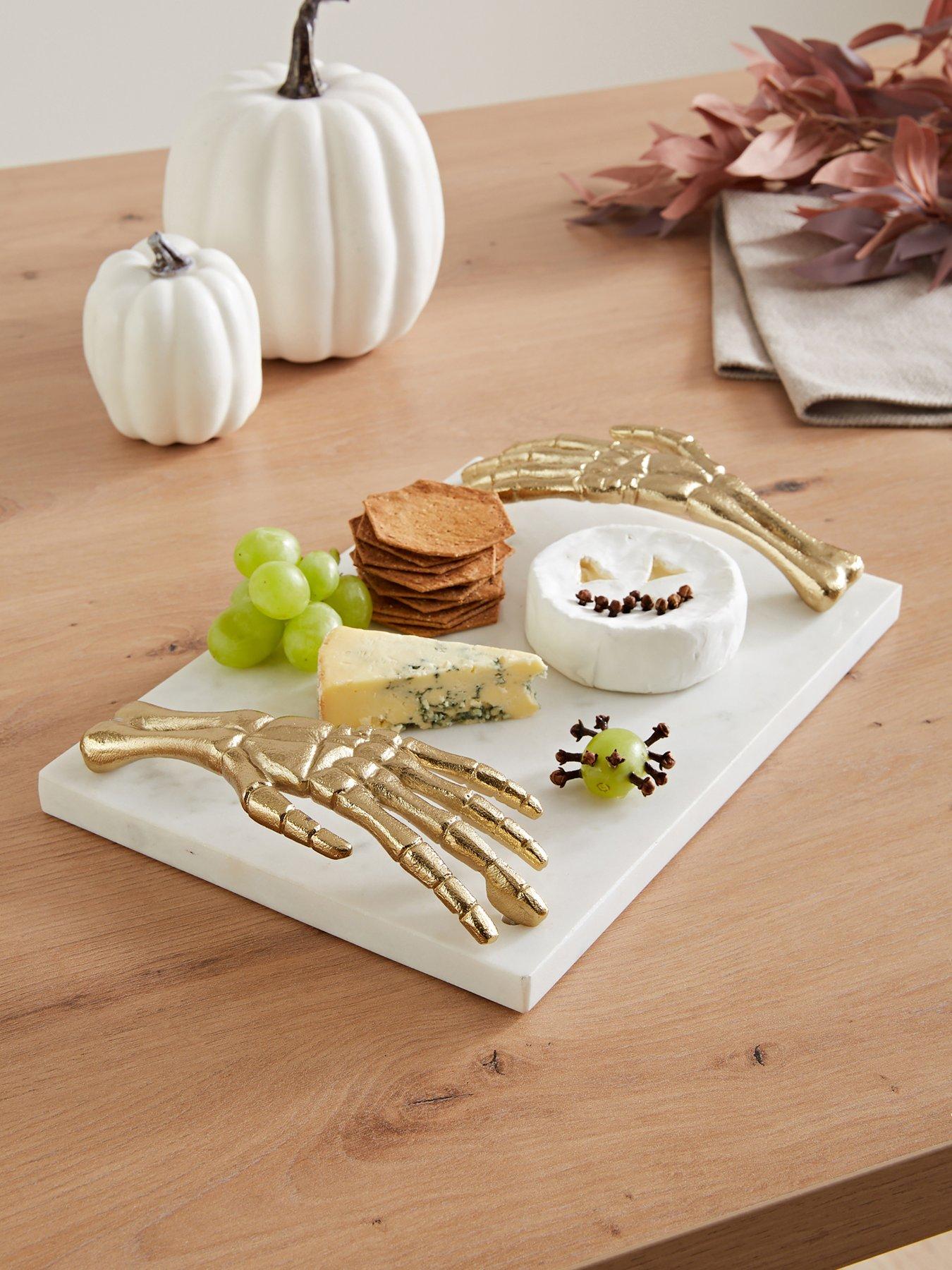 front image of the-very-collection-skeleton-hands-marble-tray-30cm