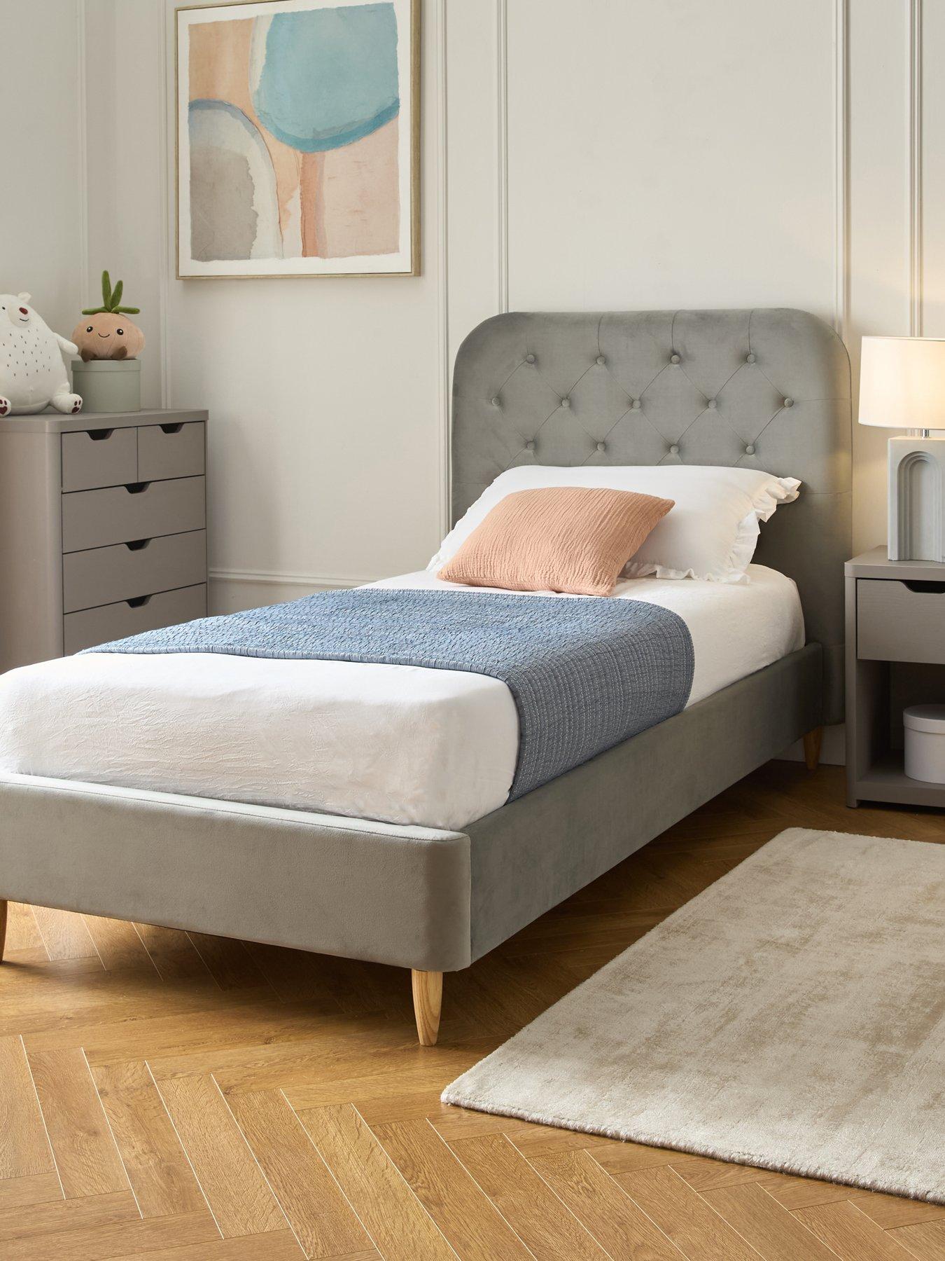 Image 1 of 7 of Very Home Freya Velvet Fabric Single Kids Bed Frame and Headboard with Mattress Options (Buy &amp; SAVE!) - Grey&nbsp;- FSC&reg; Certified