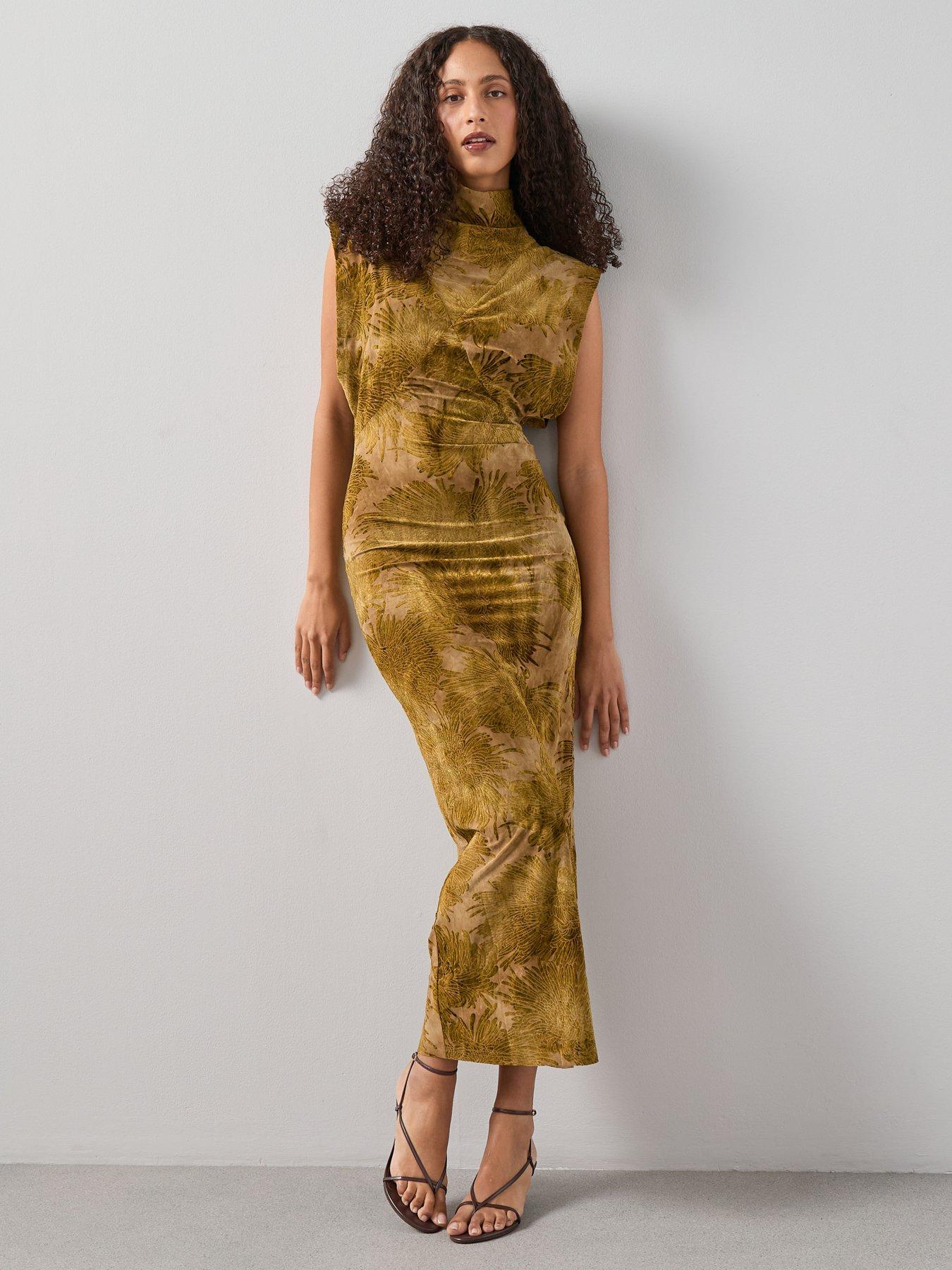 front image of the-very-collection-high-neck-burn-out-dropped-shoulder-midi-dress-black