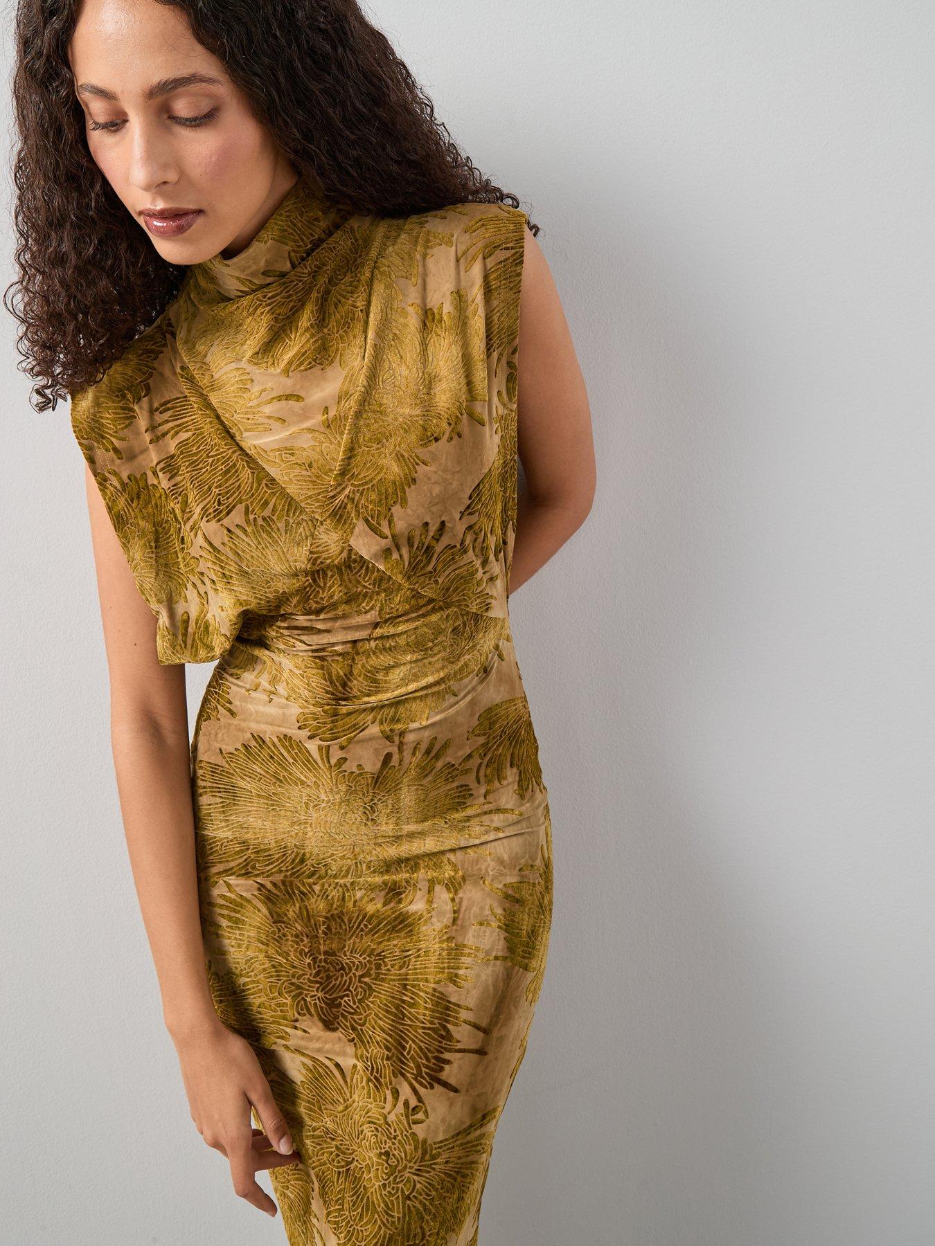 Image 4 of 7 of The Very Collection High Neck Burn Out Dropped Shoulder Midi Dress - Green