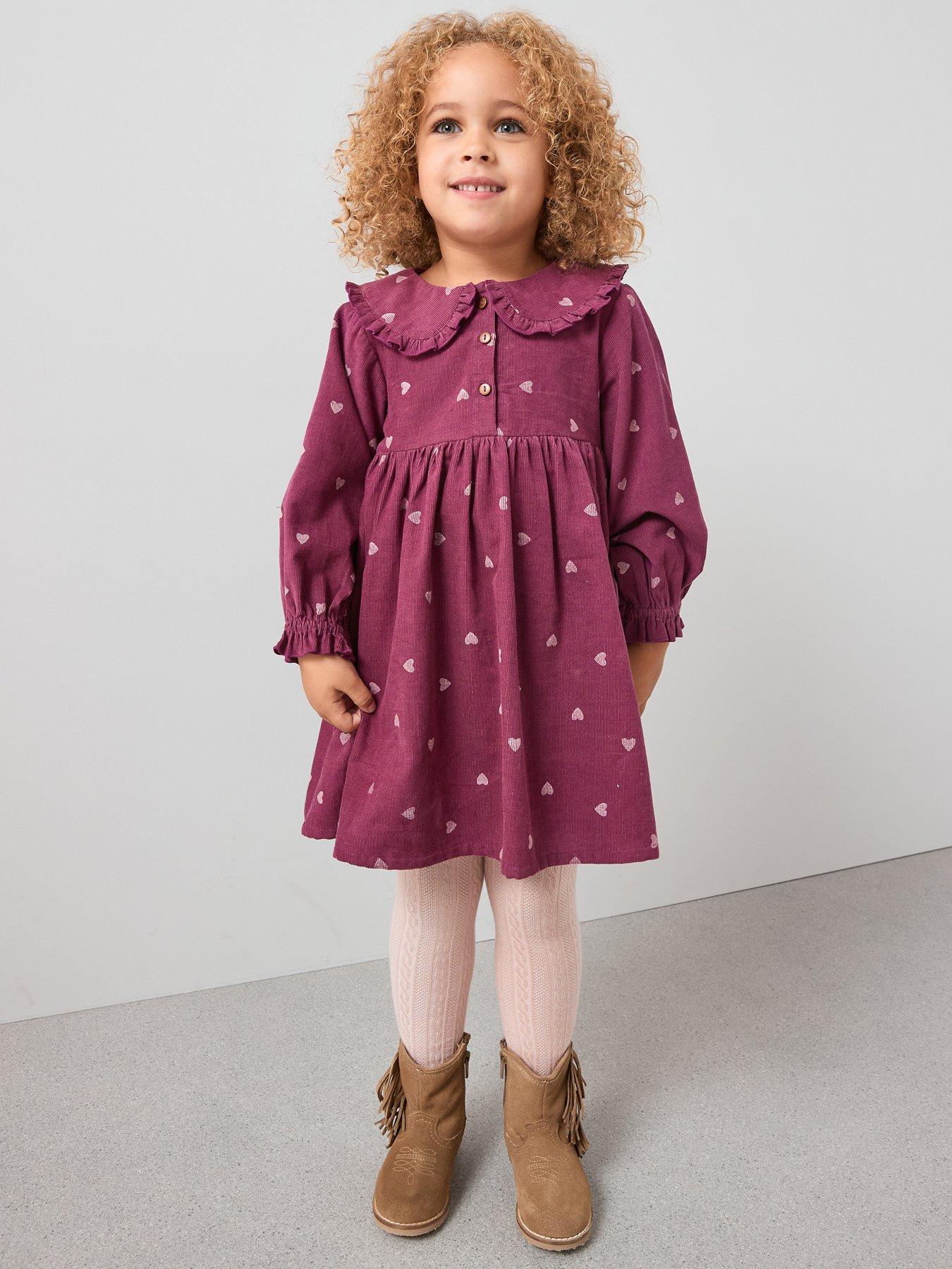 undefined Girls Cord Embroidered Collar Dress - Burgundy