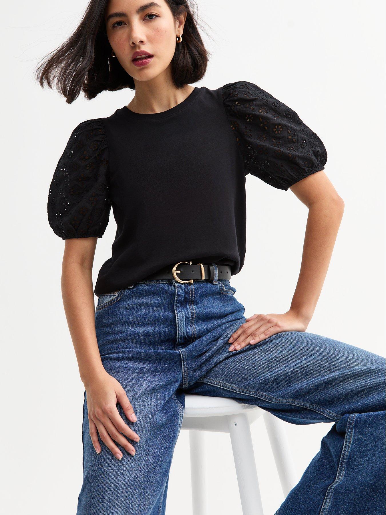 new-look-black-broderie-anglaise-sleeve-jersey-top