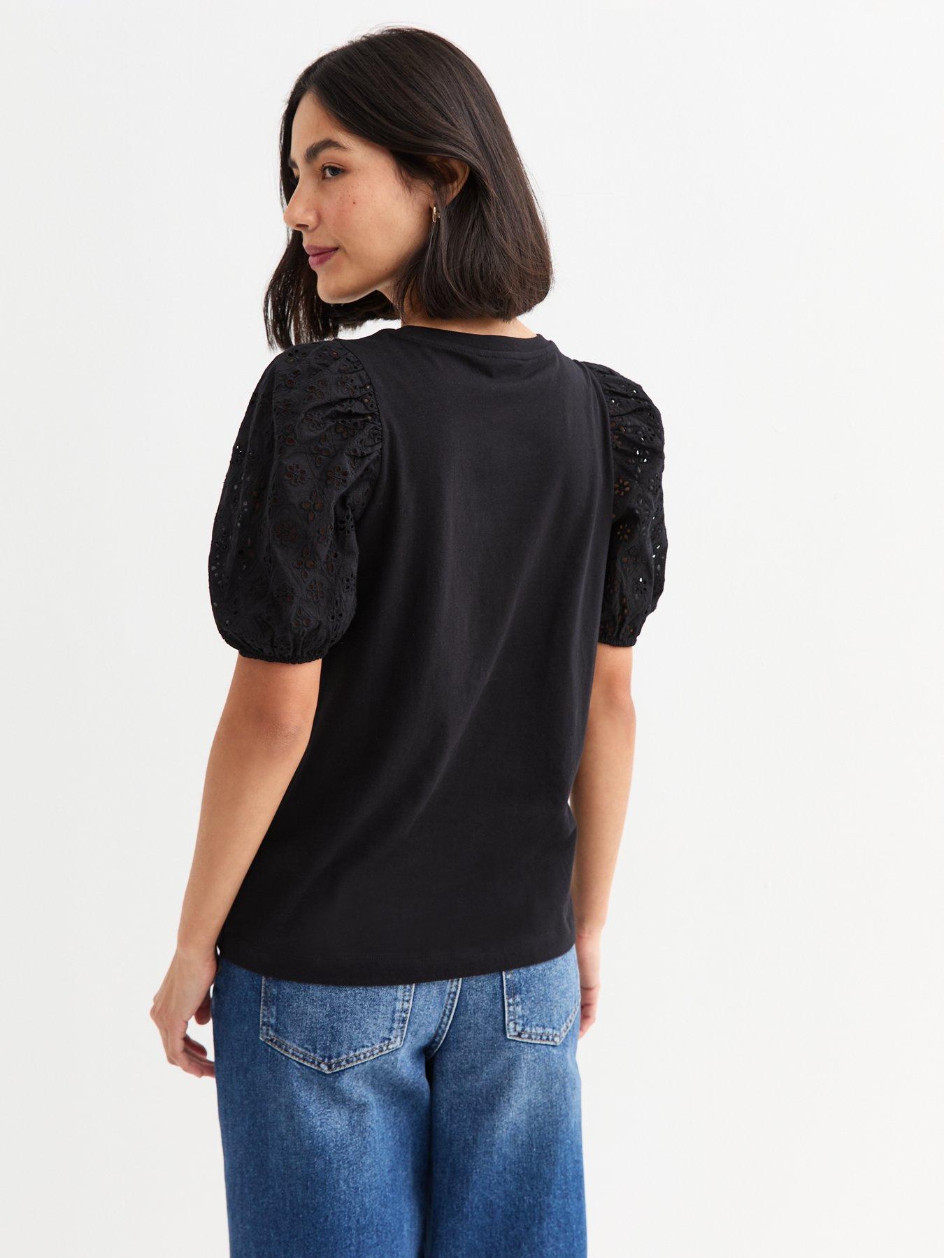  image of new-look-broderie-anglaise-sleeve-jersey-top-black