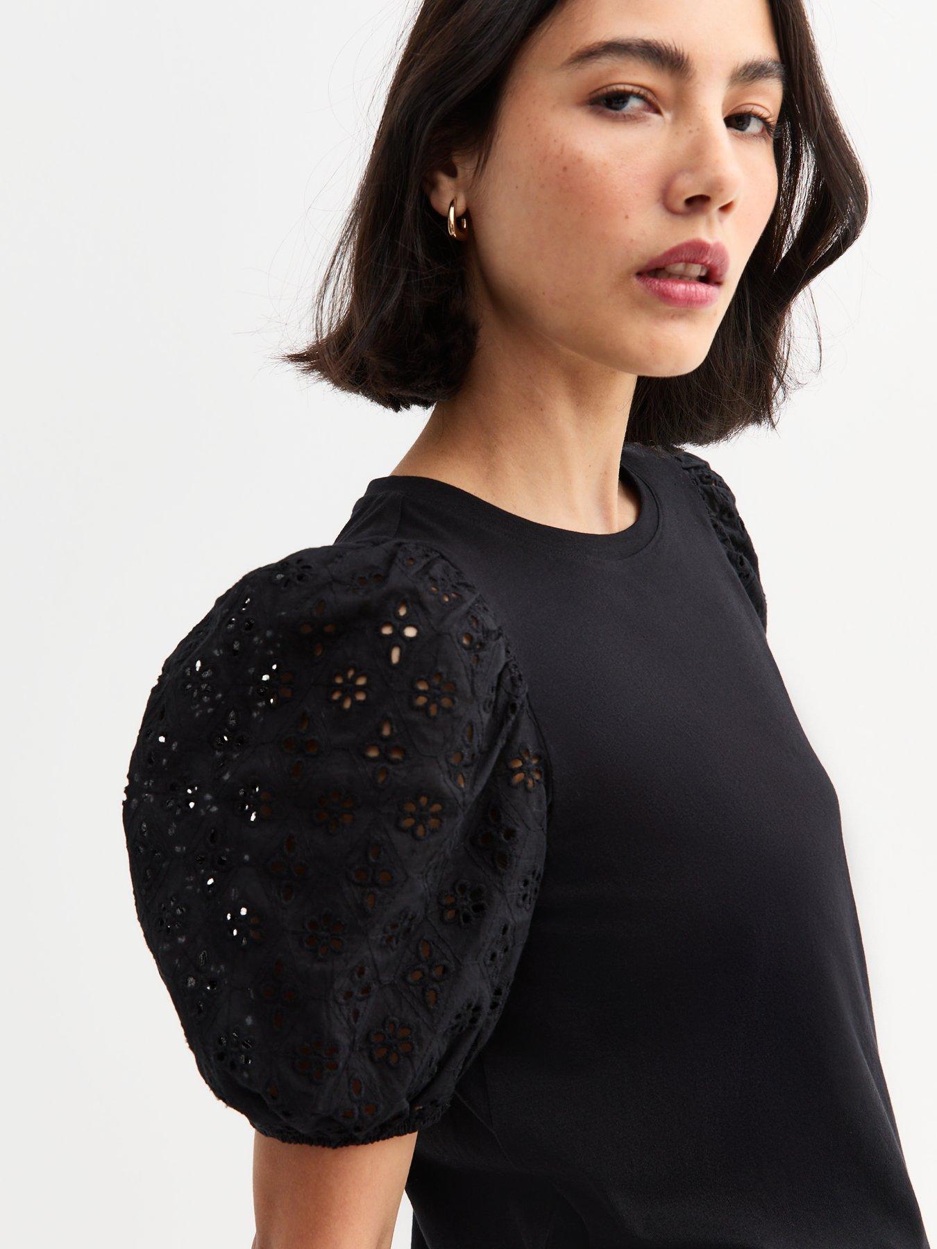  image of new-look-broderie-anglaise-sleeve-jersey-top-black