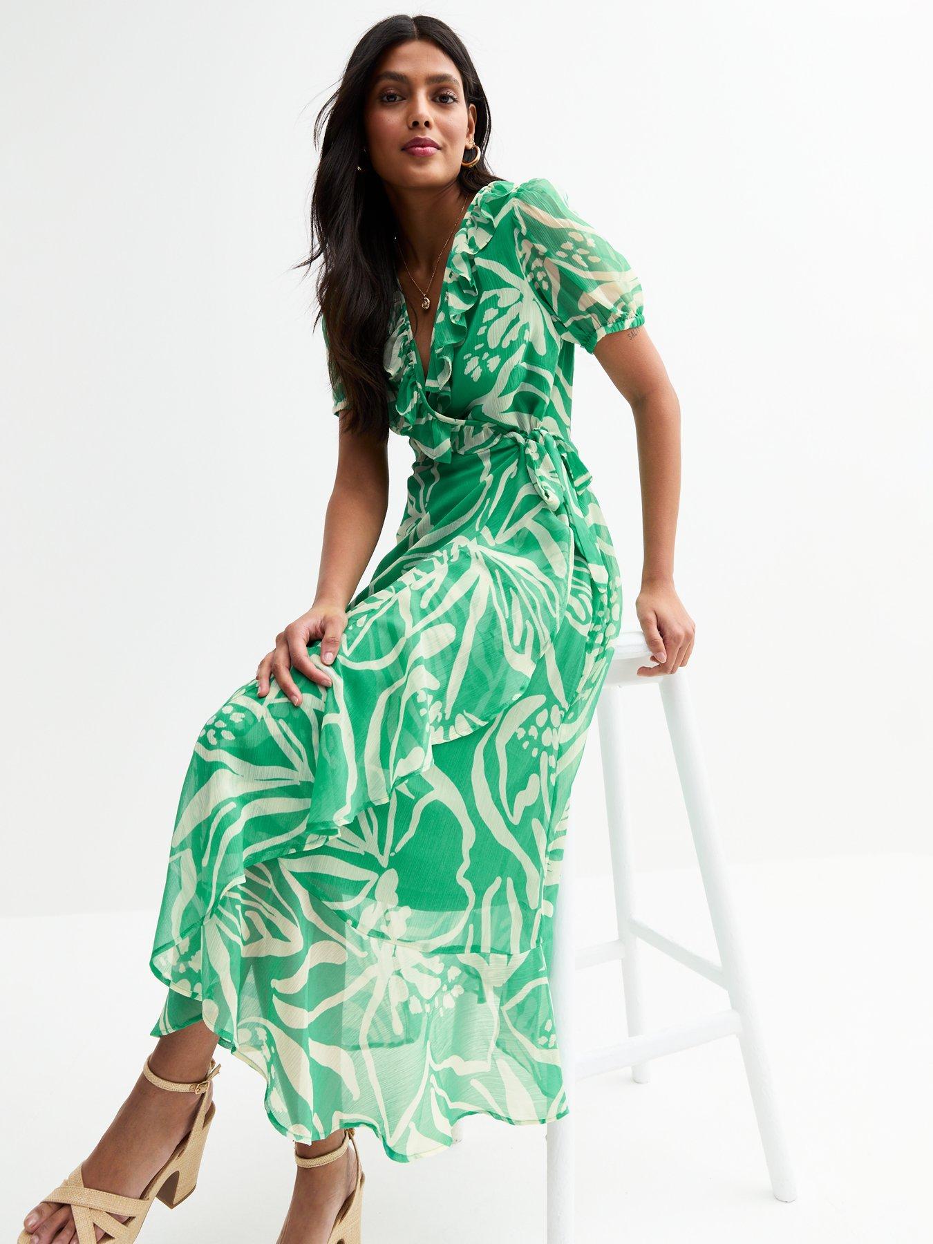  image of new-look-green-chiffon-leaf-print-midi-dress