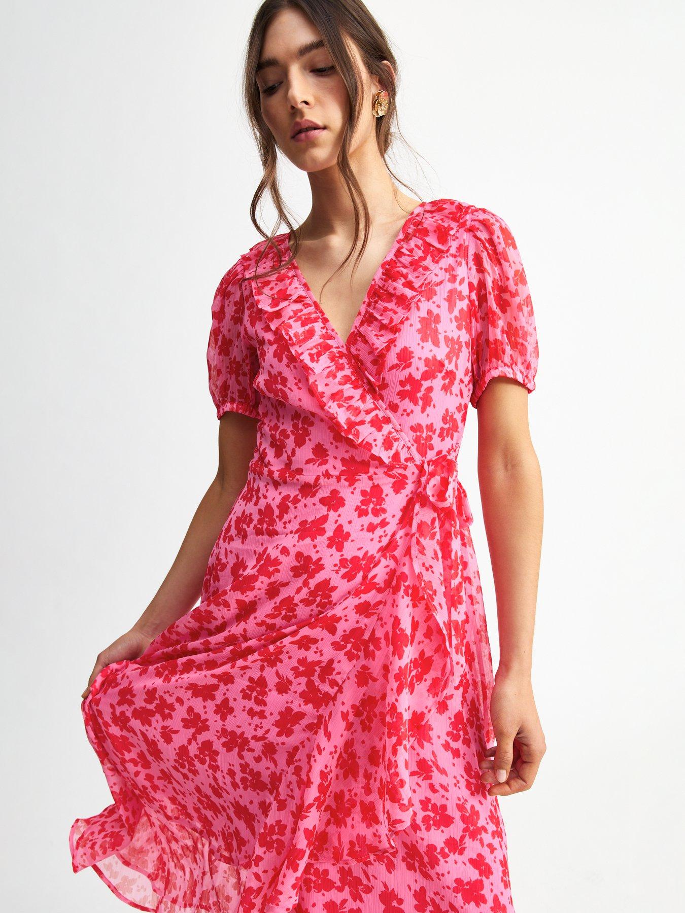 Goldie | Pink Floral Print Chiffon Long-Sleeve Wrap Mini Dress