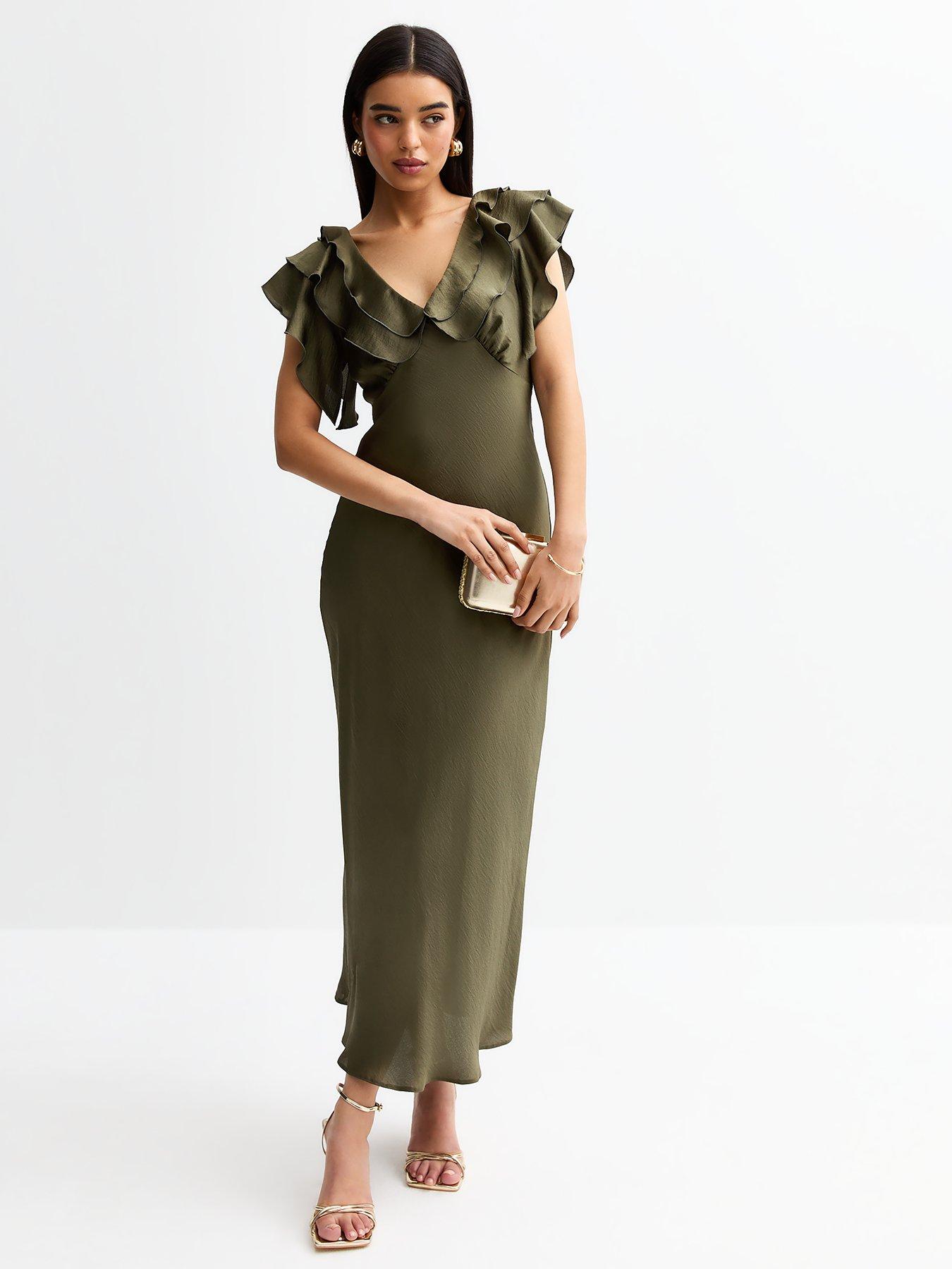 New Look Khaki Crinkled Satin Ruffled Midi Dress | Littlewoods