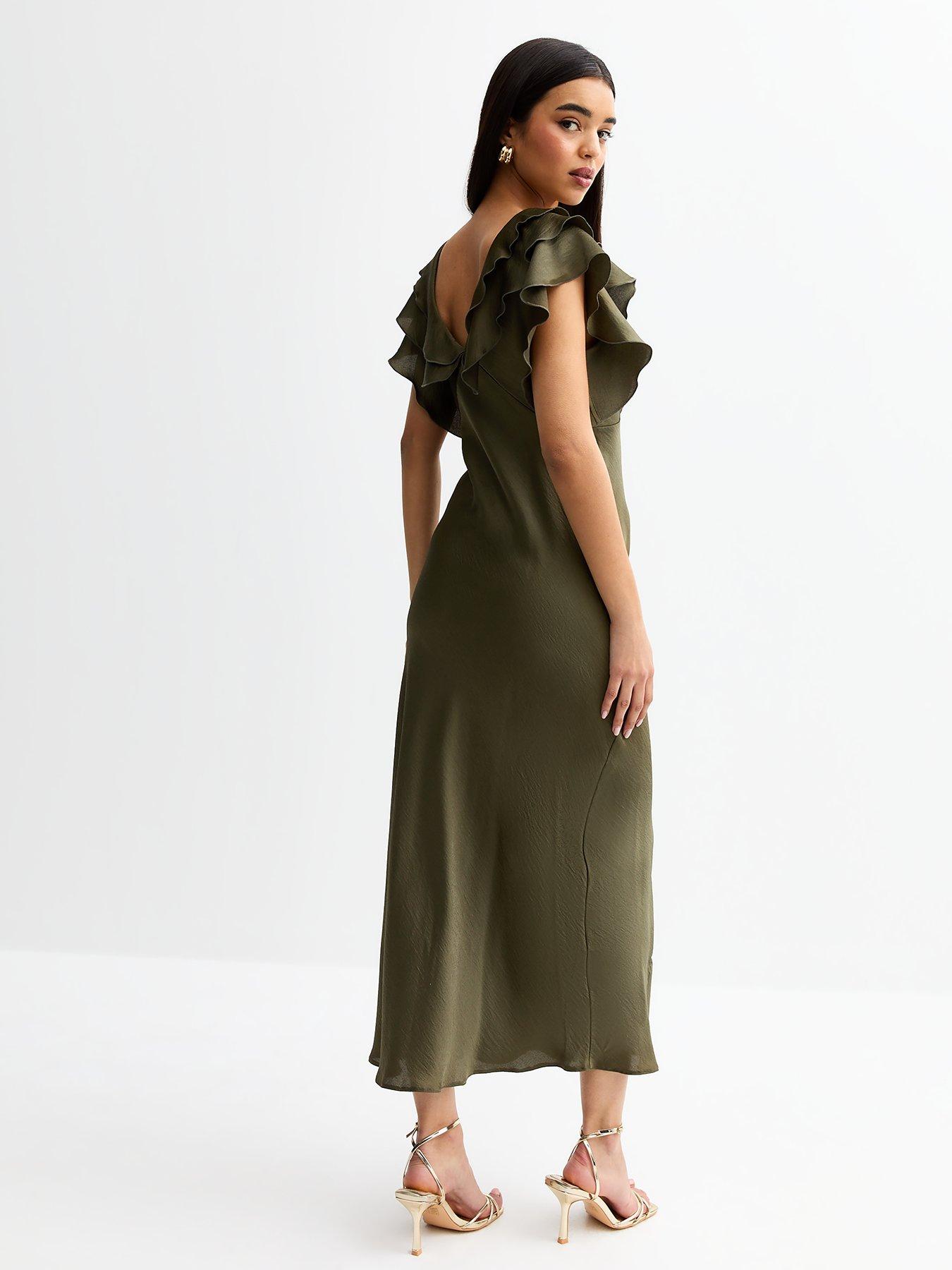  image of new-look-khaki-crinkled-satin-ruffled-midi-dress