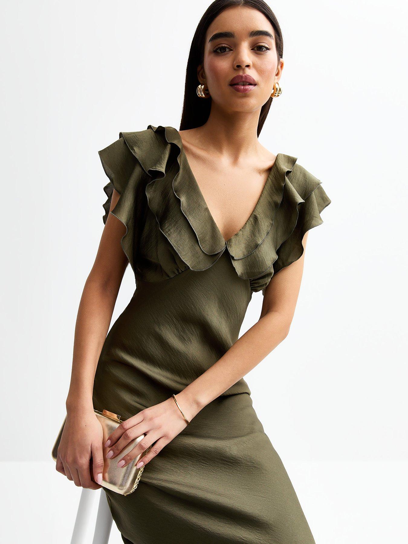  image of new-look-khaki-crinkled-satin-ruffled-midi-dress